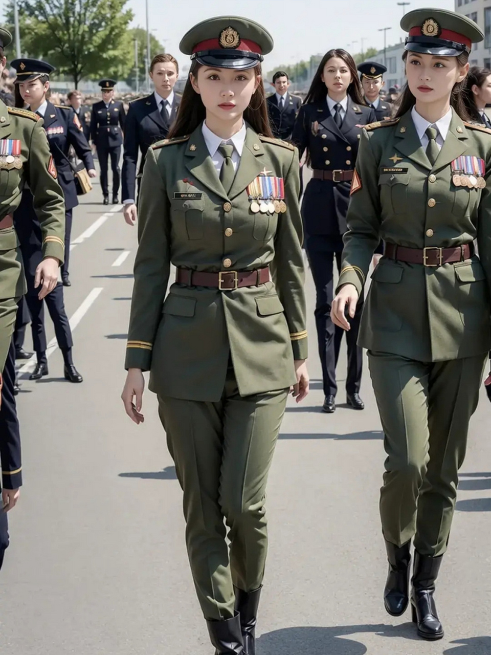 绿军装笔挺,目光炯炯,步伐坚定,精气神十足,女兵飒爽!