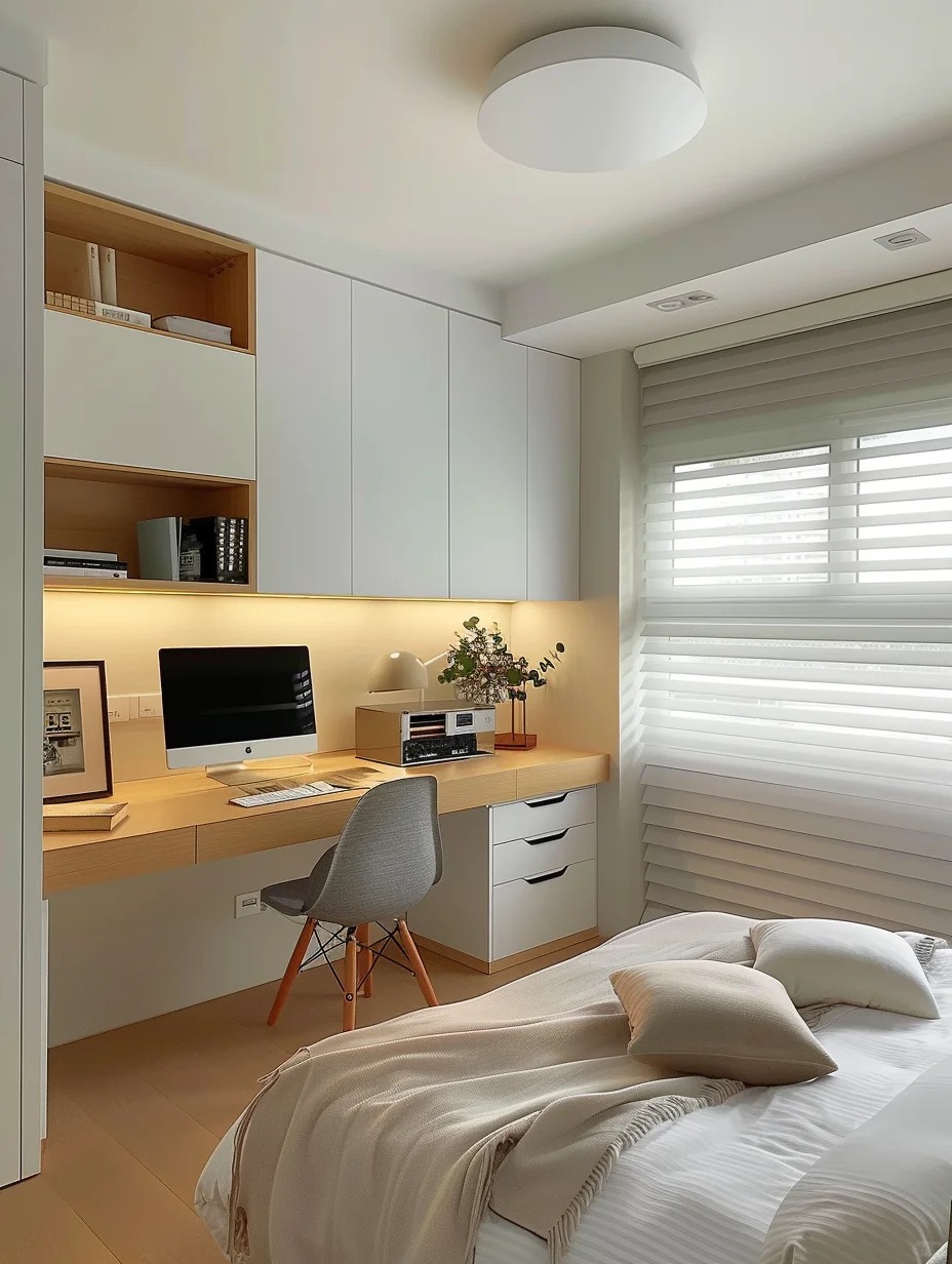 背對房門装修主卧室学习台卧室装修书桌和柜子适合高中生的设计房间图