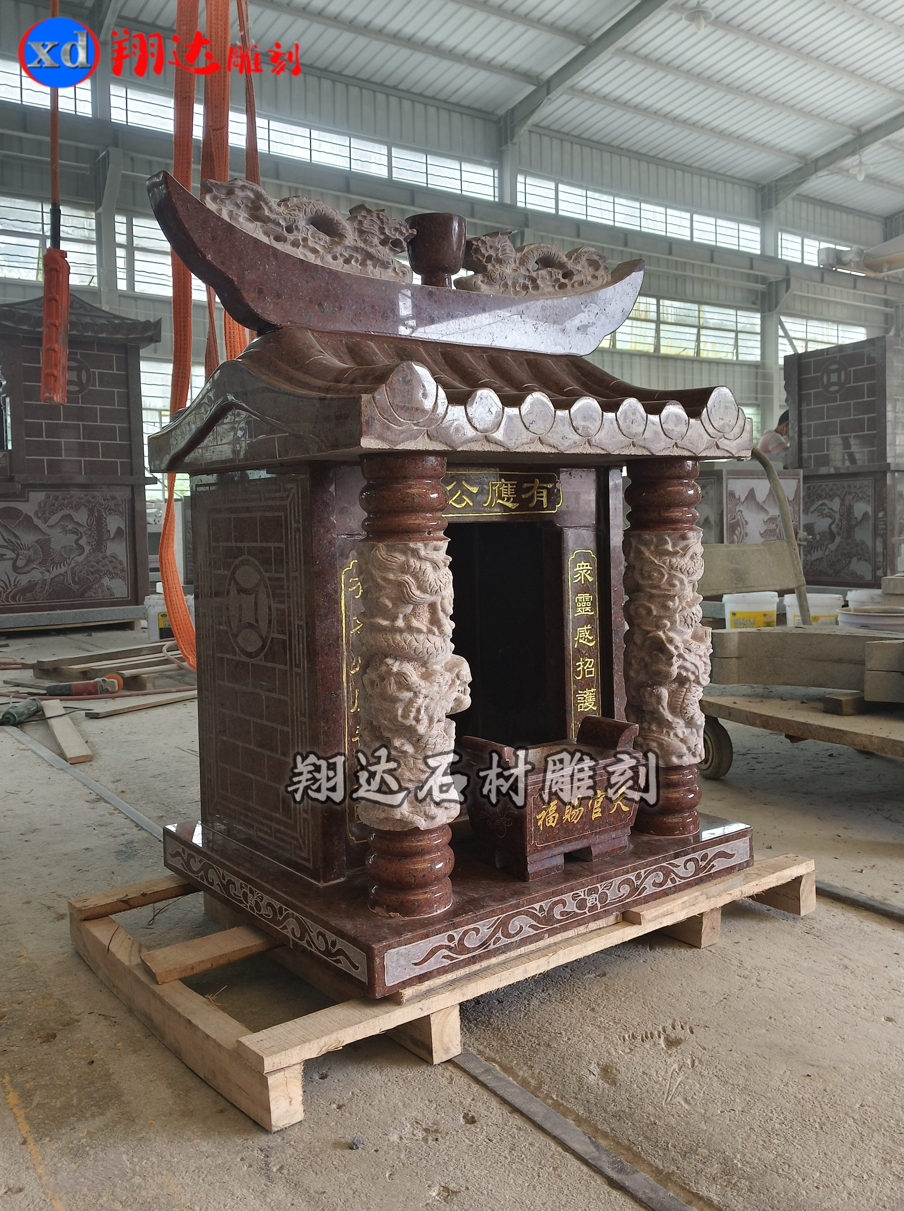 单层红石浮雕双龙柱土地庙#石雕土地庙
