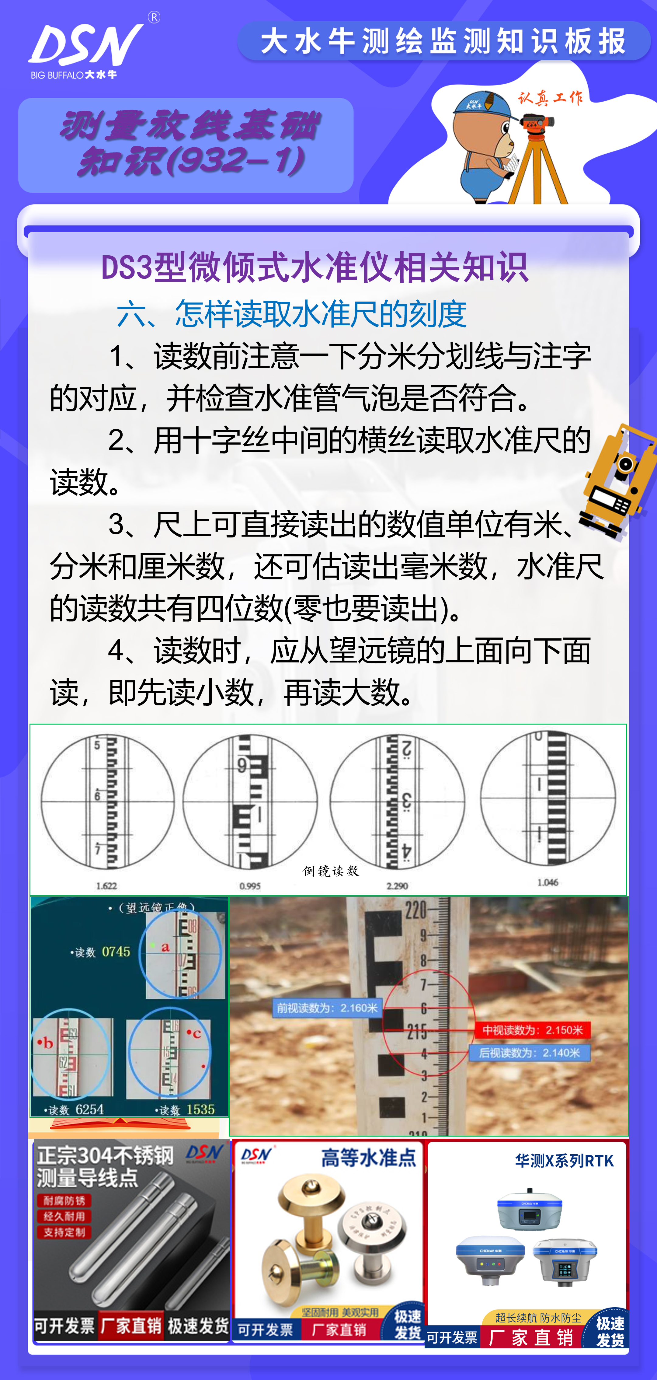 赛维板报丨ds3型微倾式水准仪相关知识 怎样读取水准尺的刻度 1,读数