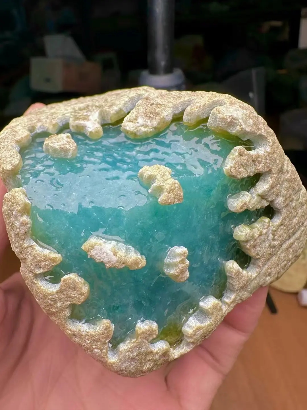 灰绿色石皮上分布着藤蔓般的翠色线条
