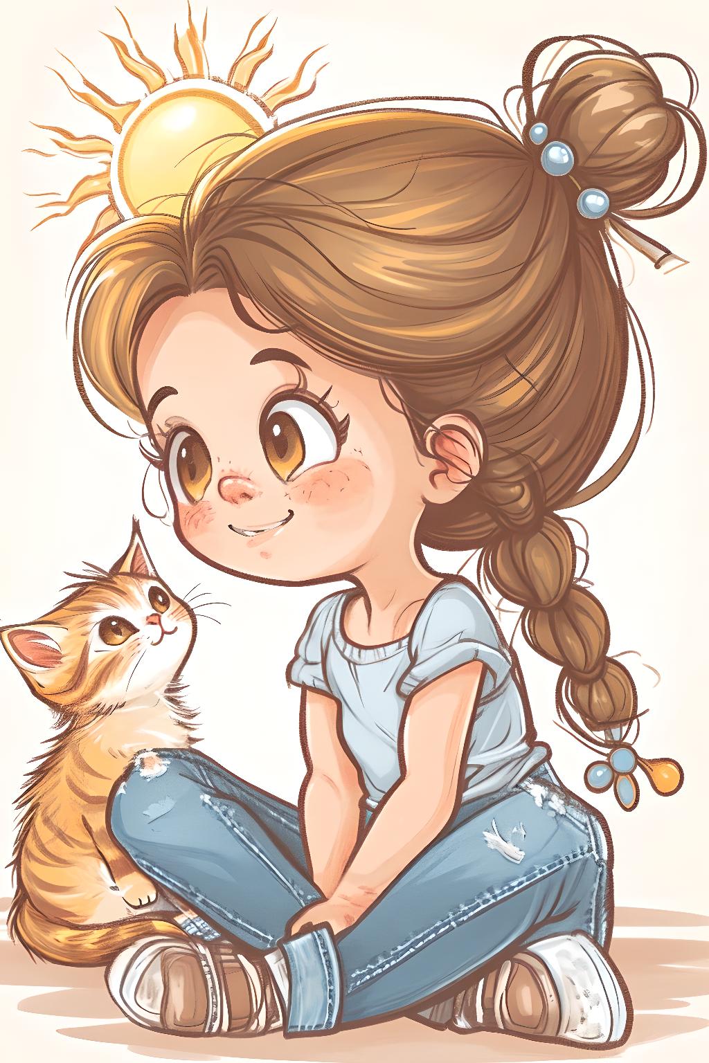 卡通插画分享,女孩和猫咪
