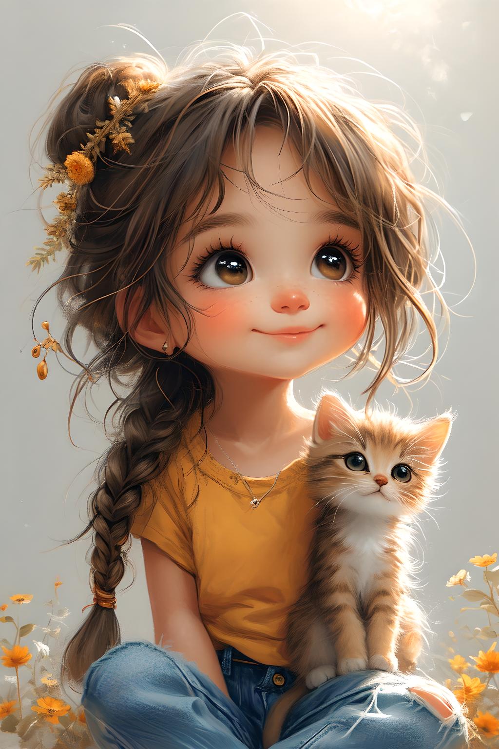 卡通插画分享,女孩和猫咪