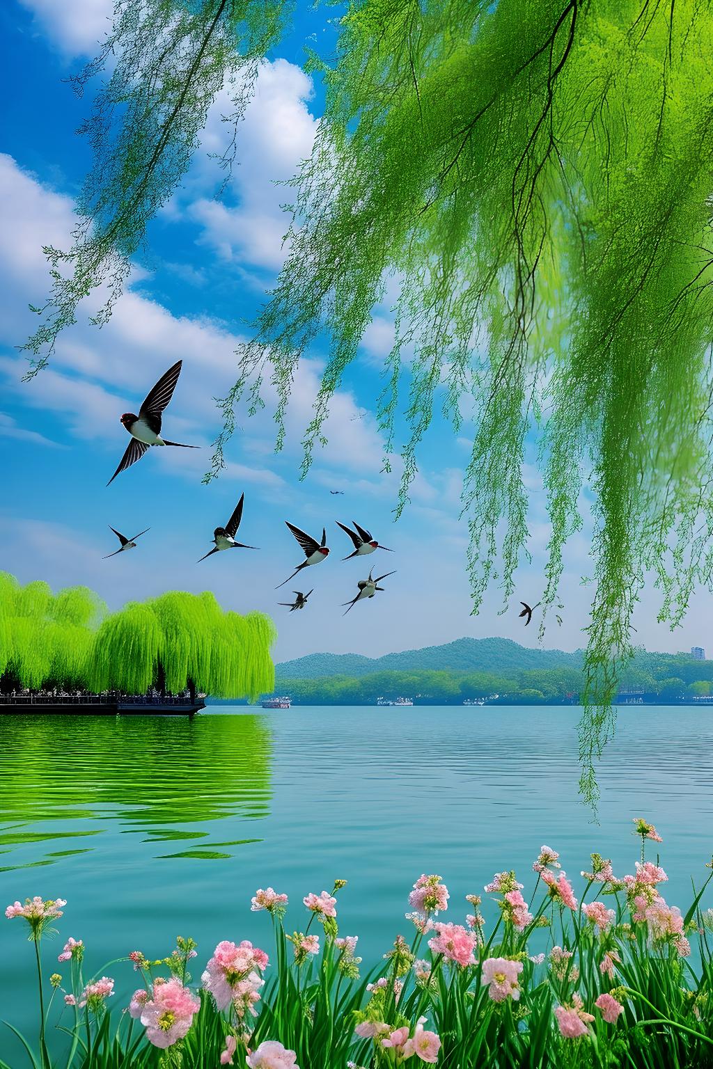 春天桃花盛开,杨柳依依