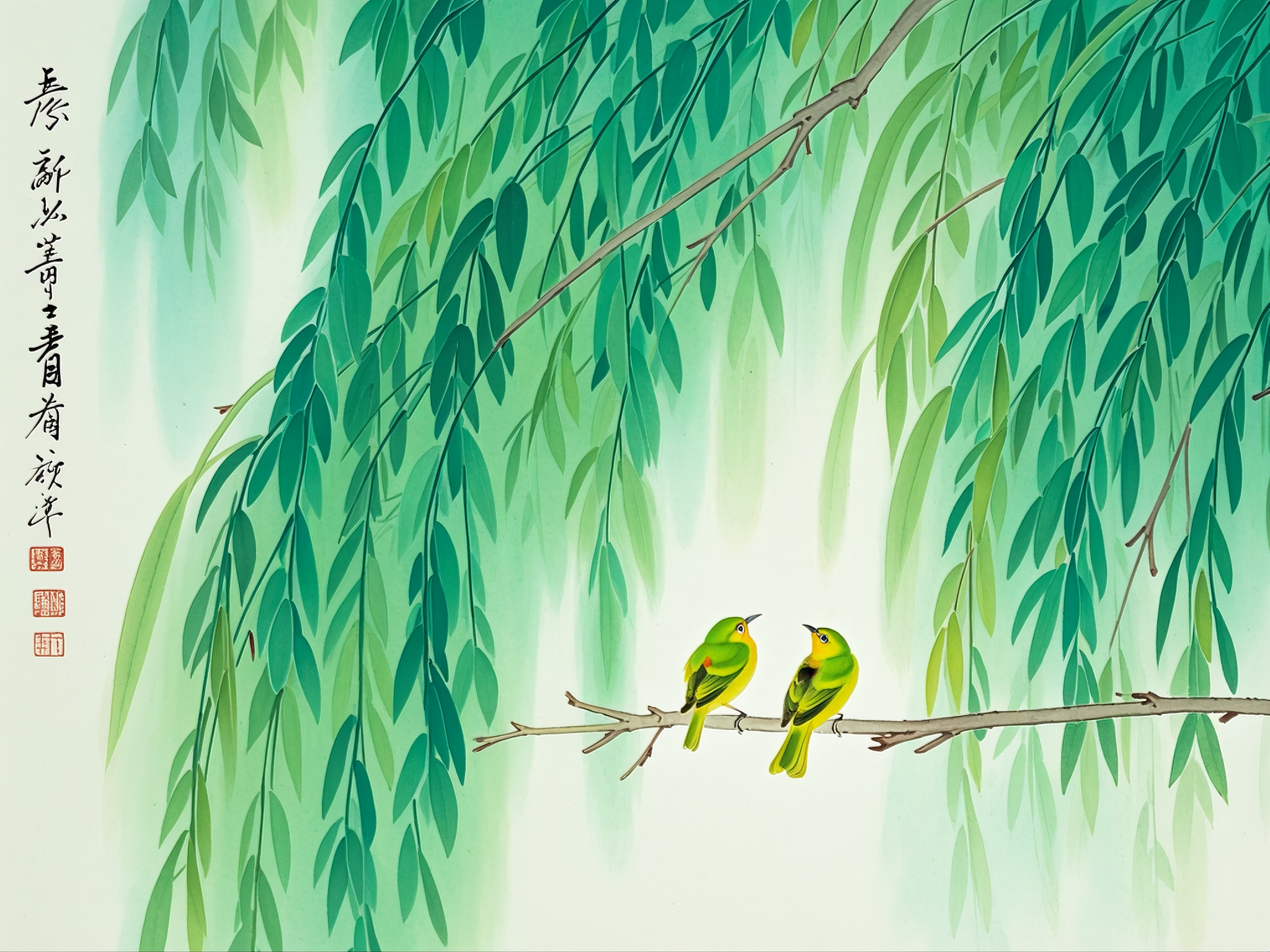 翠绿的柳树下,两只黄鹂在枝头欢快地鸣叫