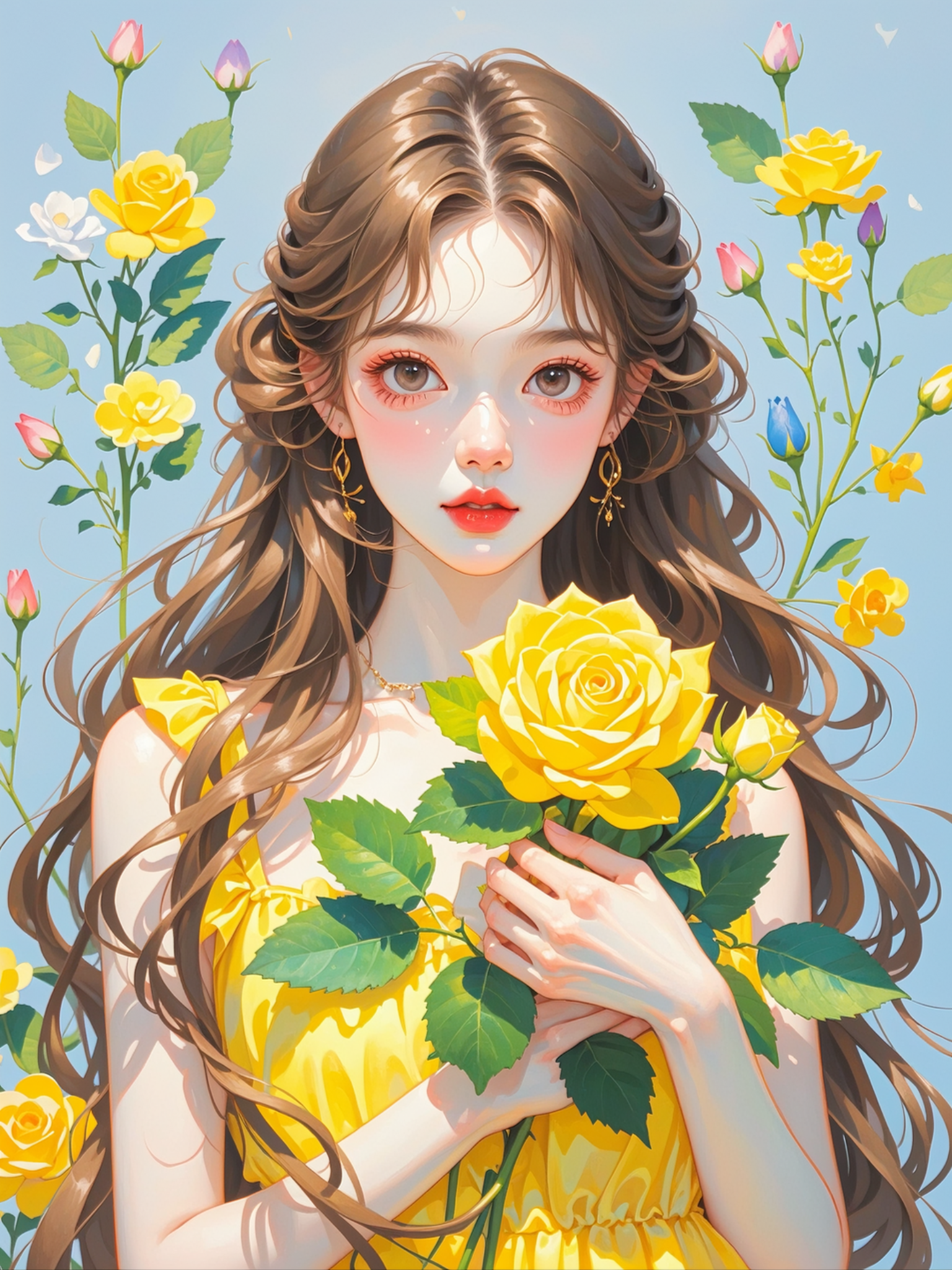 手捧黄玫瑰的女孩