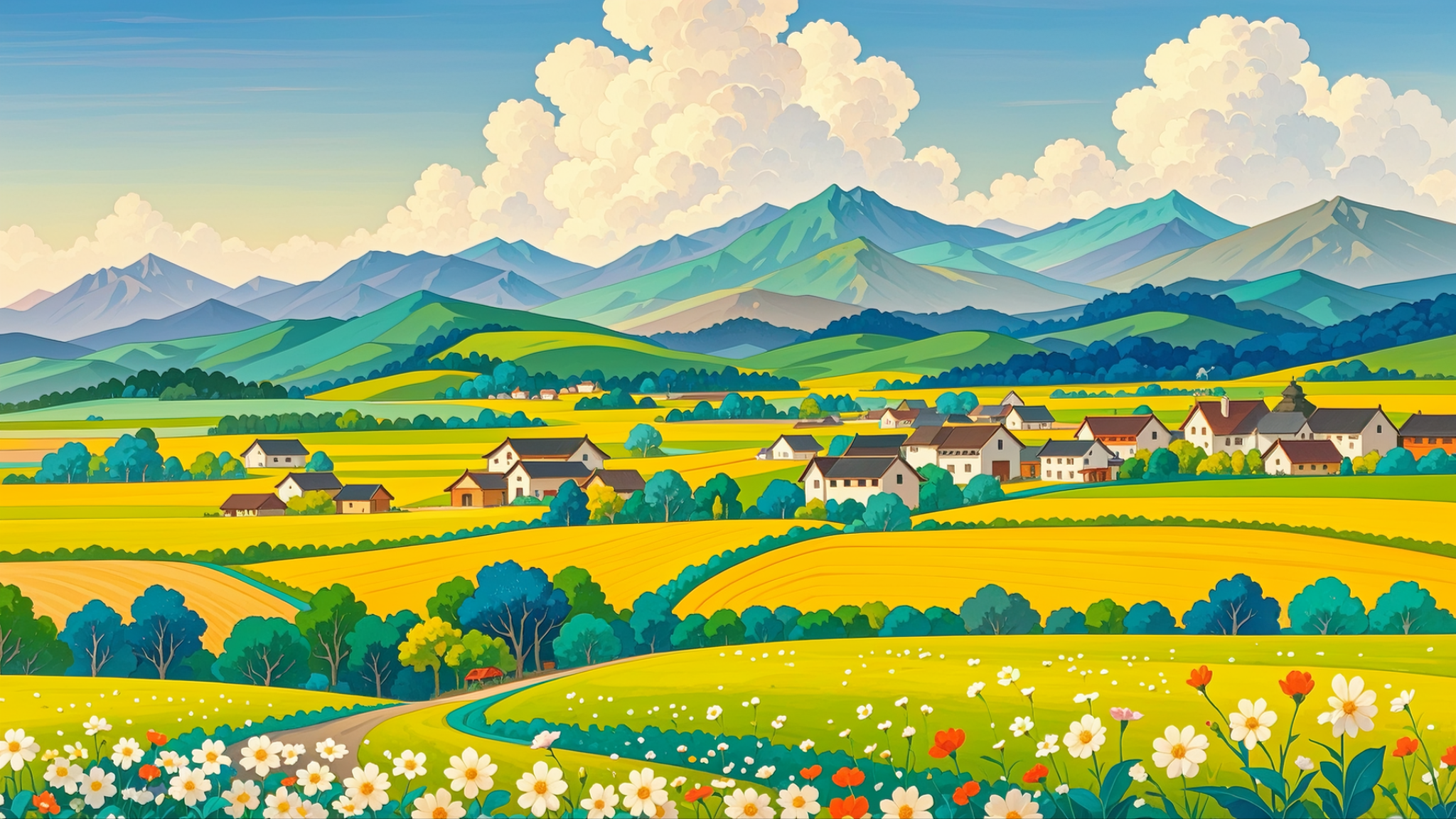 远处的山川,近处的田野,交织成一幅宁静而祥和的田园画卷