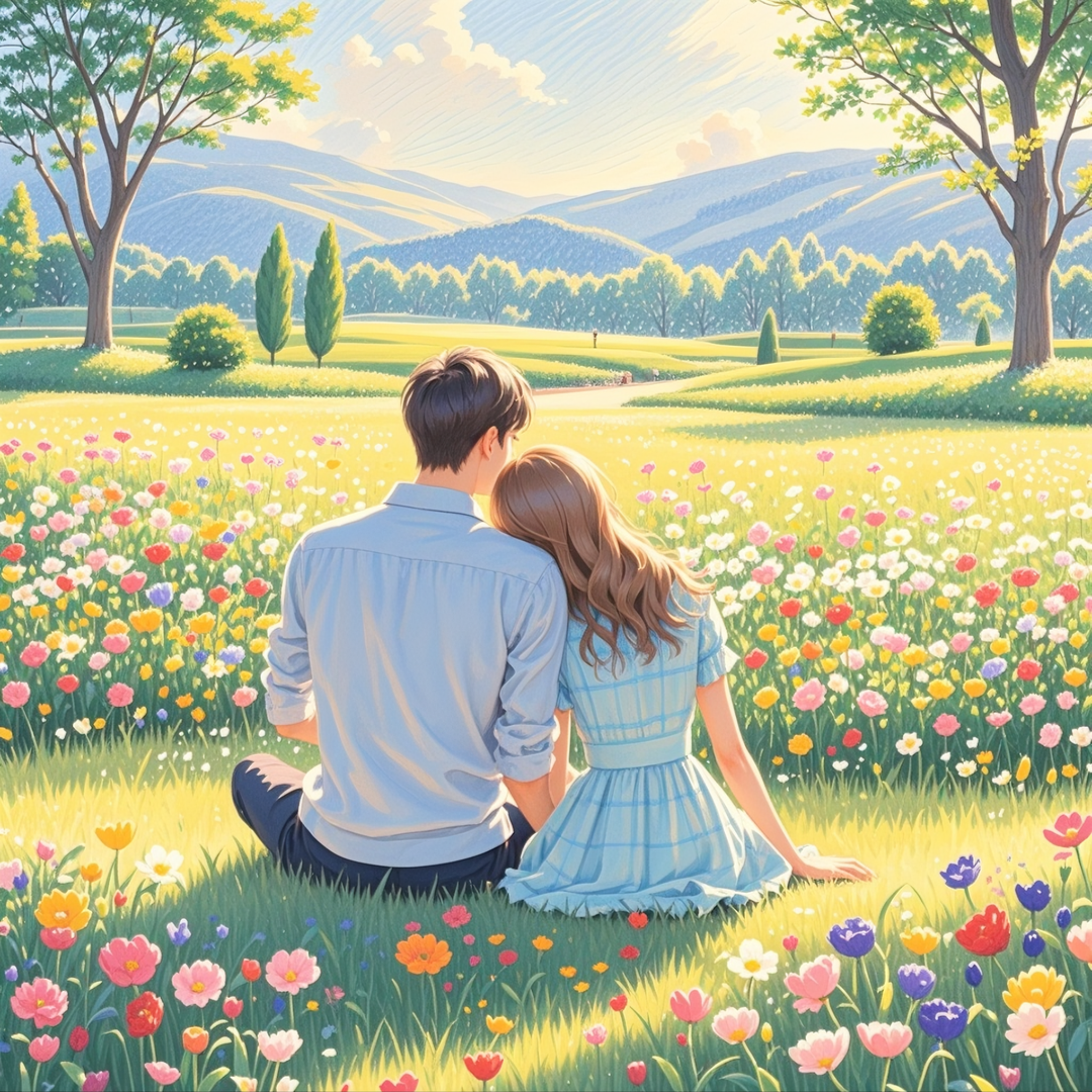 依偎坐在一起看远方风景的情侣