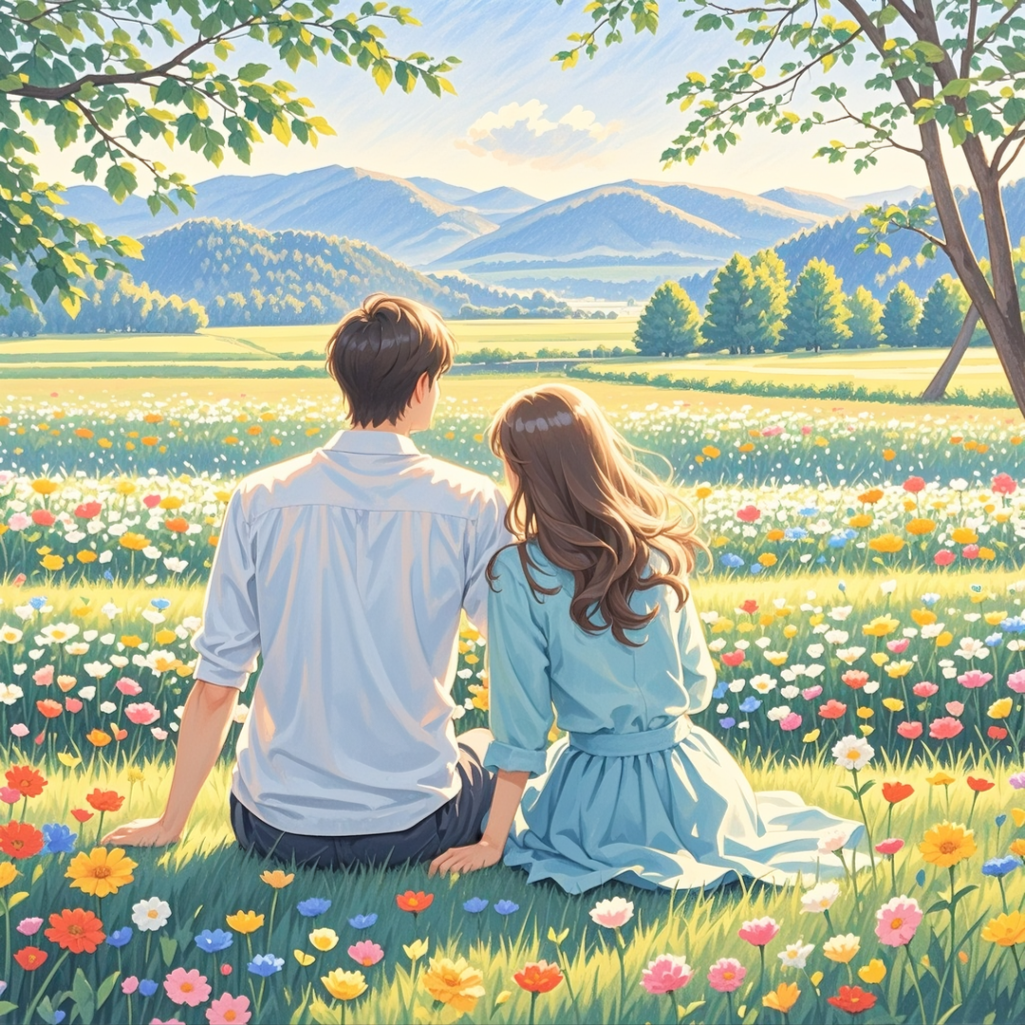 依偎坐在一起看远方风景的情侣