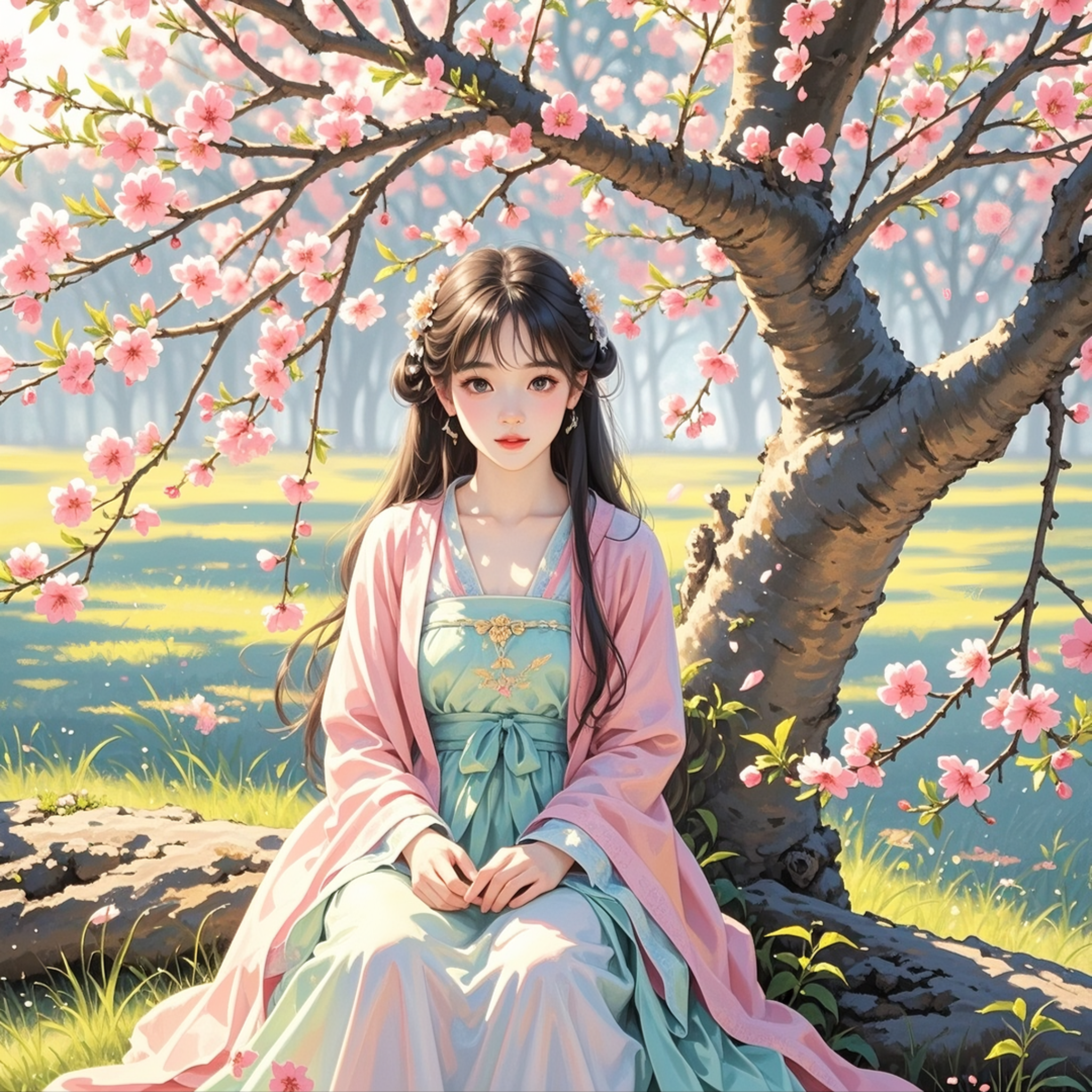 桃花树下的美女