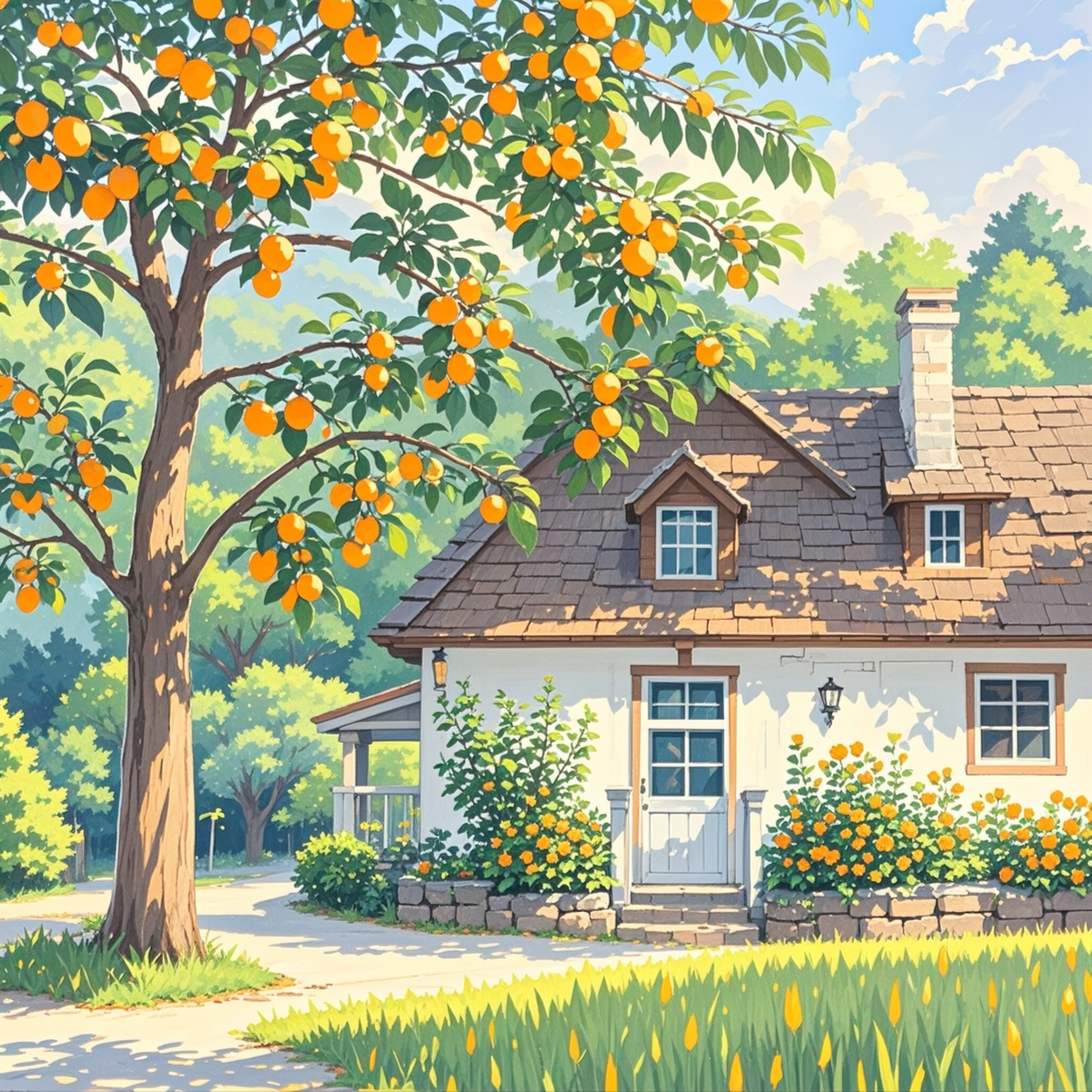 石头房子古朴典雅,门前杏子树果实累累,共同装点着乡村的宁静