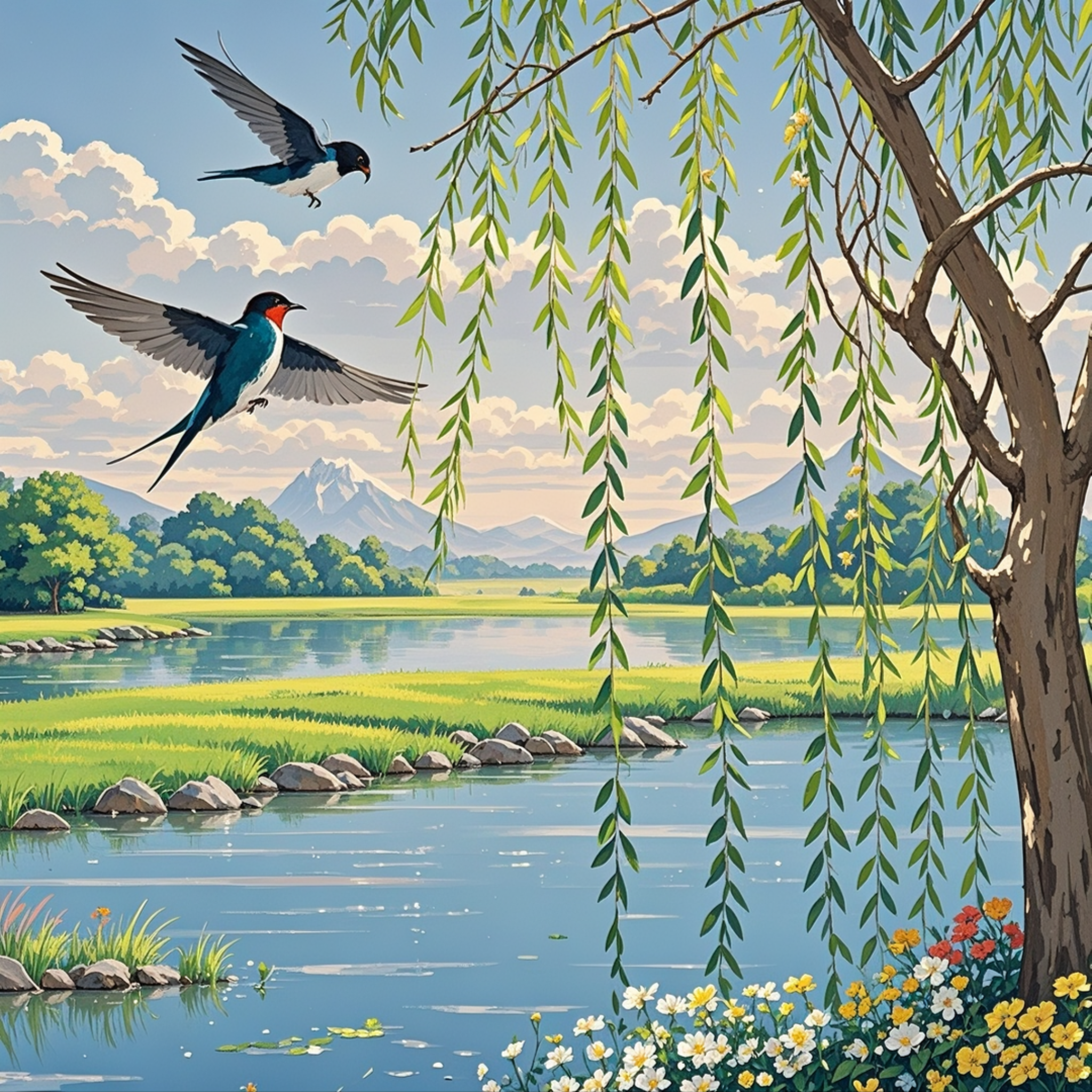 柳枝轻拂湖面,燕子在柳树间穿梭,灵动优雅.#动态流量挑战赛