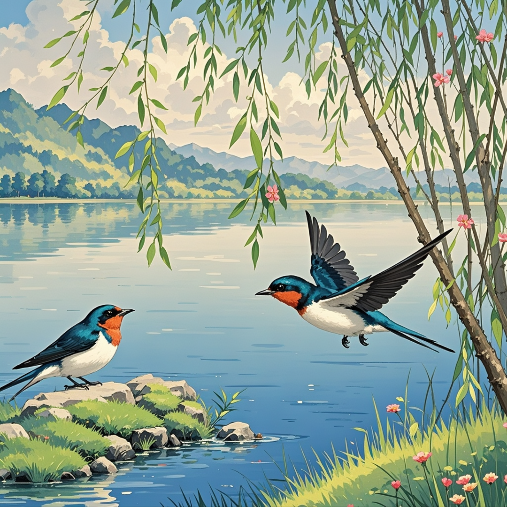 柳枝轻拂湖面,燕子在柳树间穿梭,灵动优雅.#动态流量挑战赛