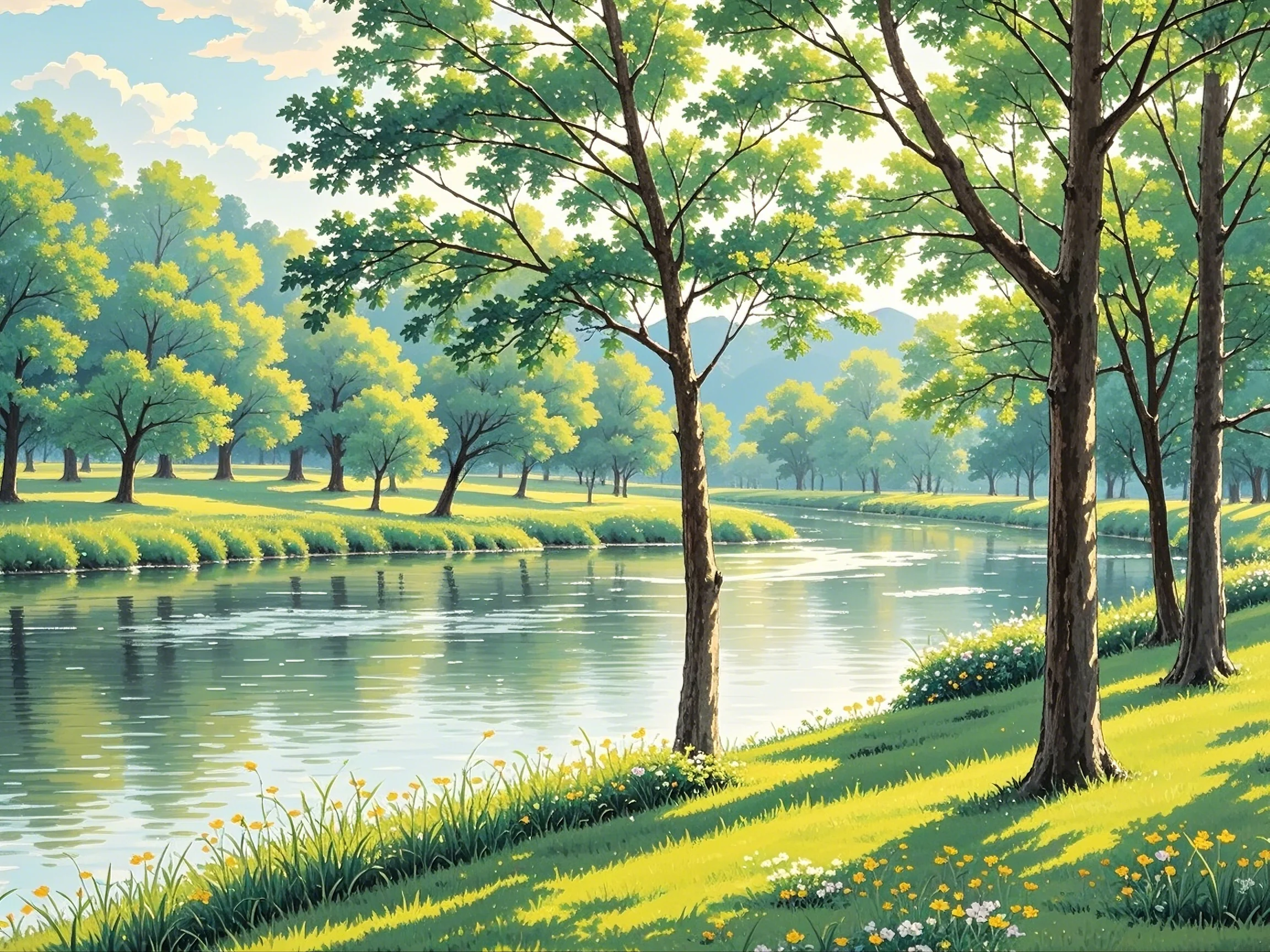 小河旁,绿树成荫,是夏日乘凉的好地方.