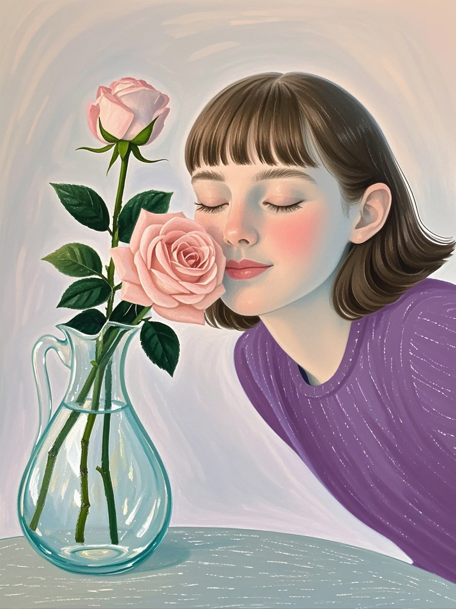 女孩轻俯花前,鼻尖轻触花瓣,沉醉在花香的温柔里