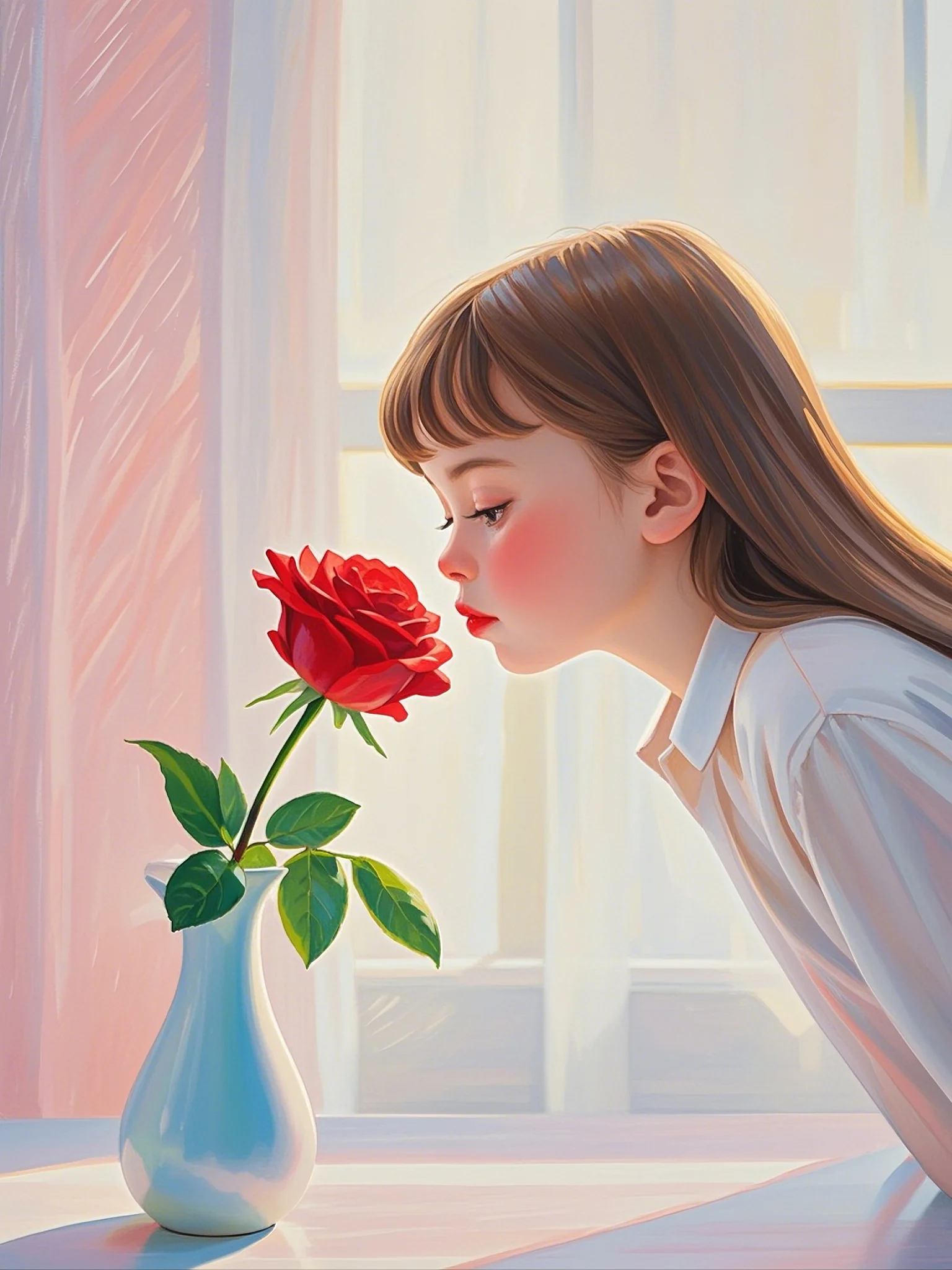 女孩轻俯花前,鼻尖轻触花瓣,沉醉在花香的温柔里
