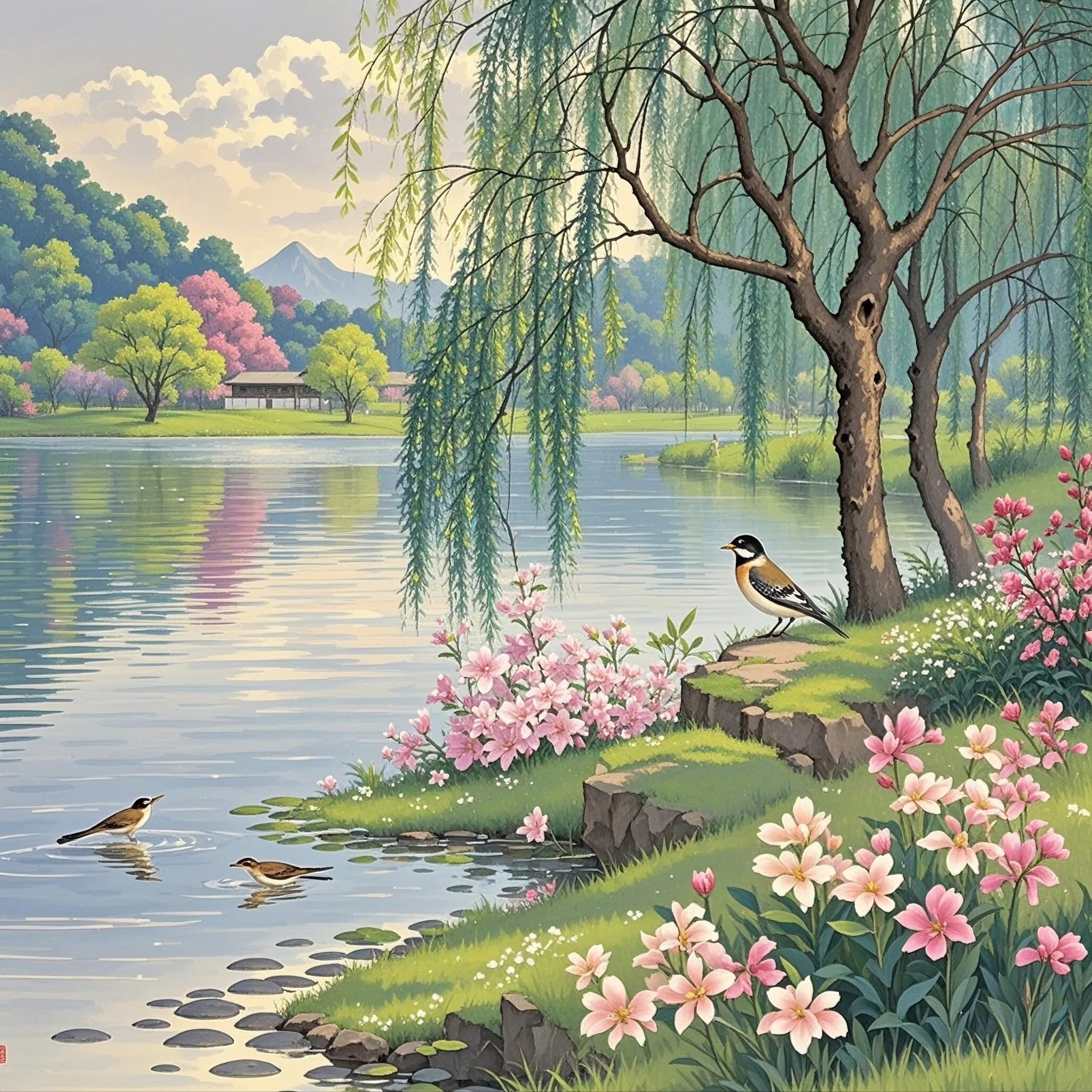 河岸风光,水波潋滟,绿柳成荫,鸟语花香