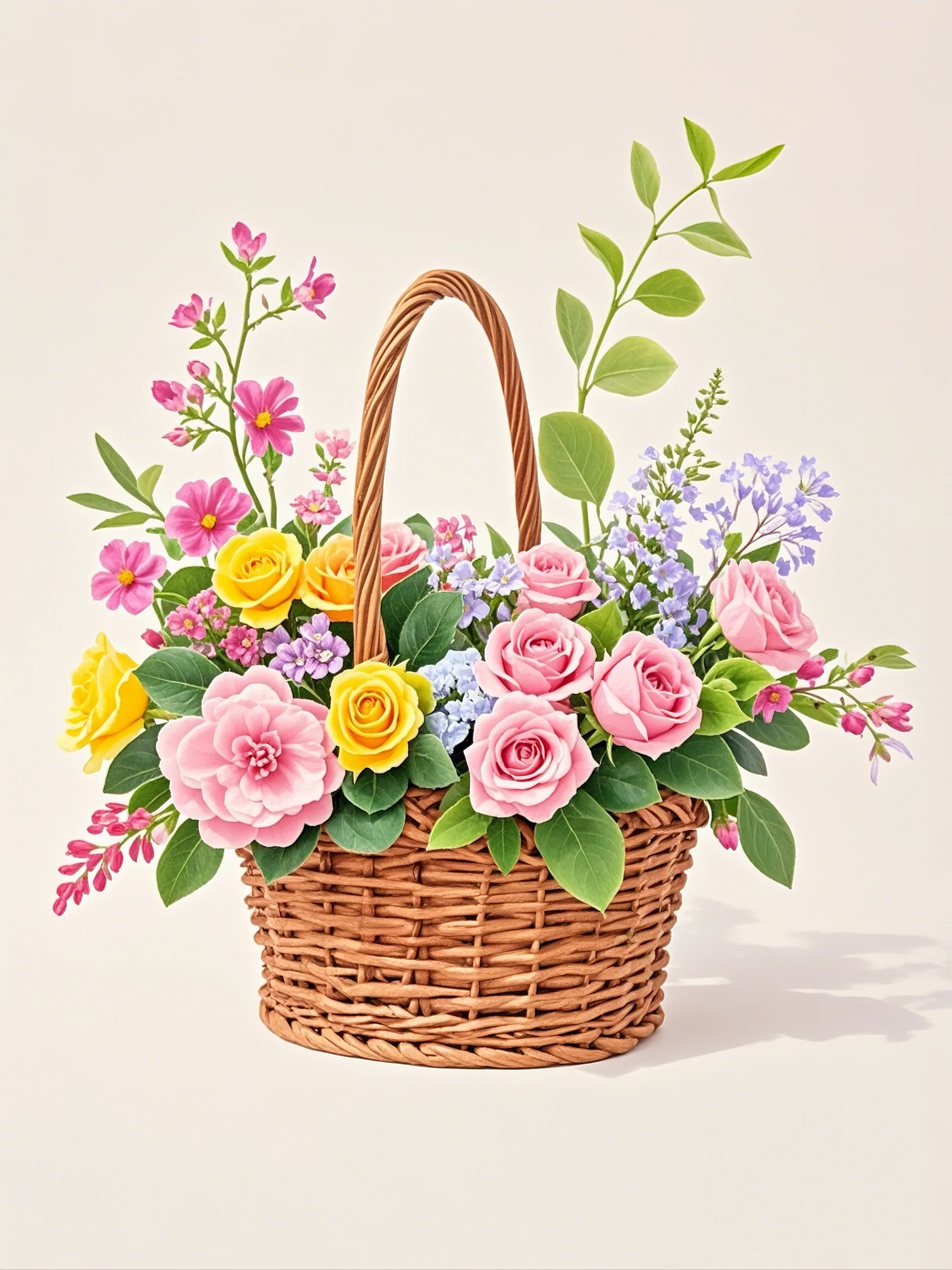 花篮里五彩斑斓的花朵,如同绚烂的调色盘,散发着春天的气息和生命的