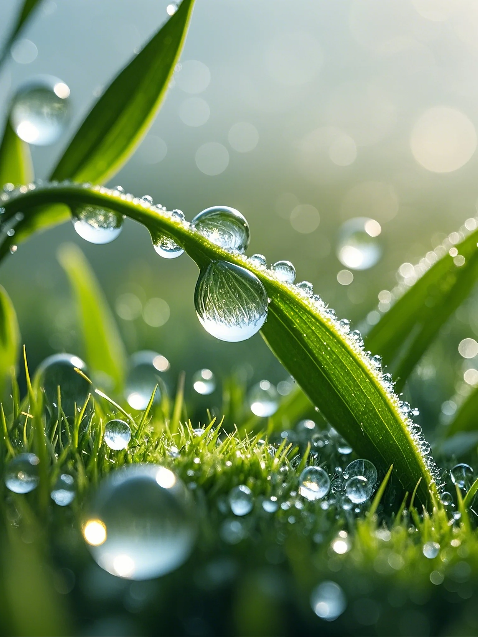 清晨的露珠,像珍珠般点缀在嫩绿的叶尖,闪烁着清新的光芒