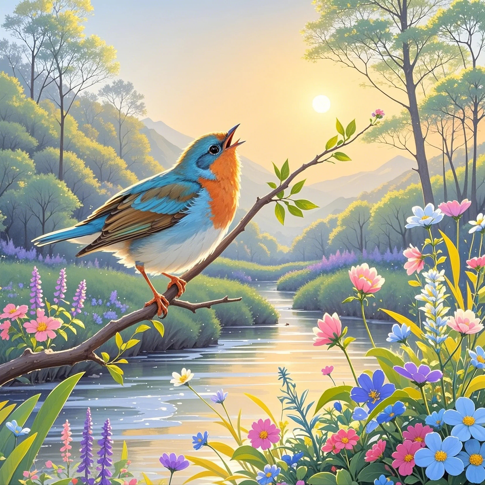 鸟儿站立枝头欢快地歌唱,河岸边的野花在晨光中绽放,色彩斑斓,迎接新