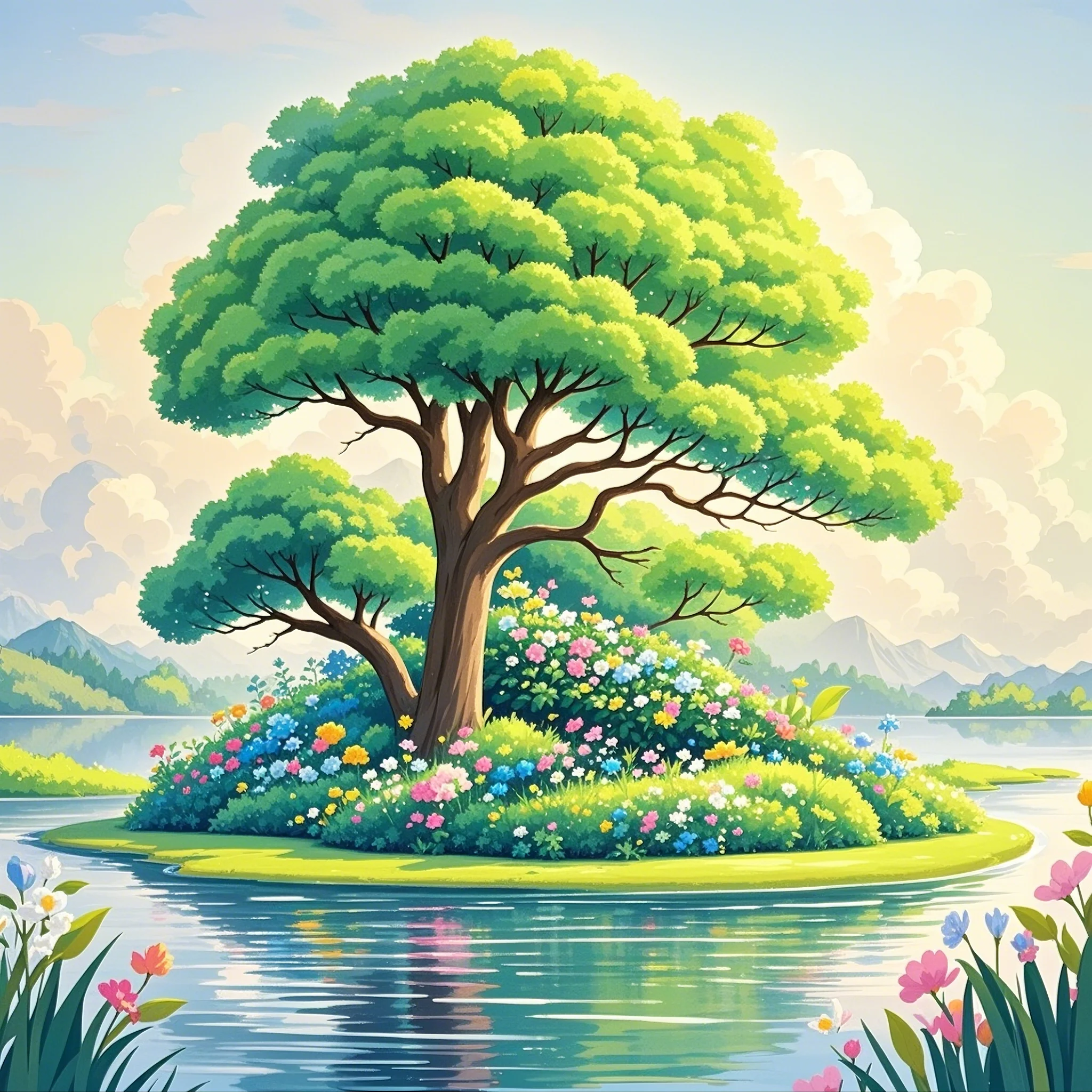 湖中小岛,绿树成荫,鸟语花香