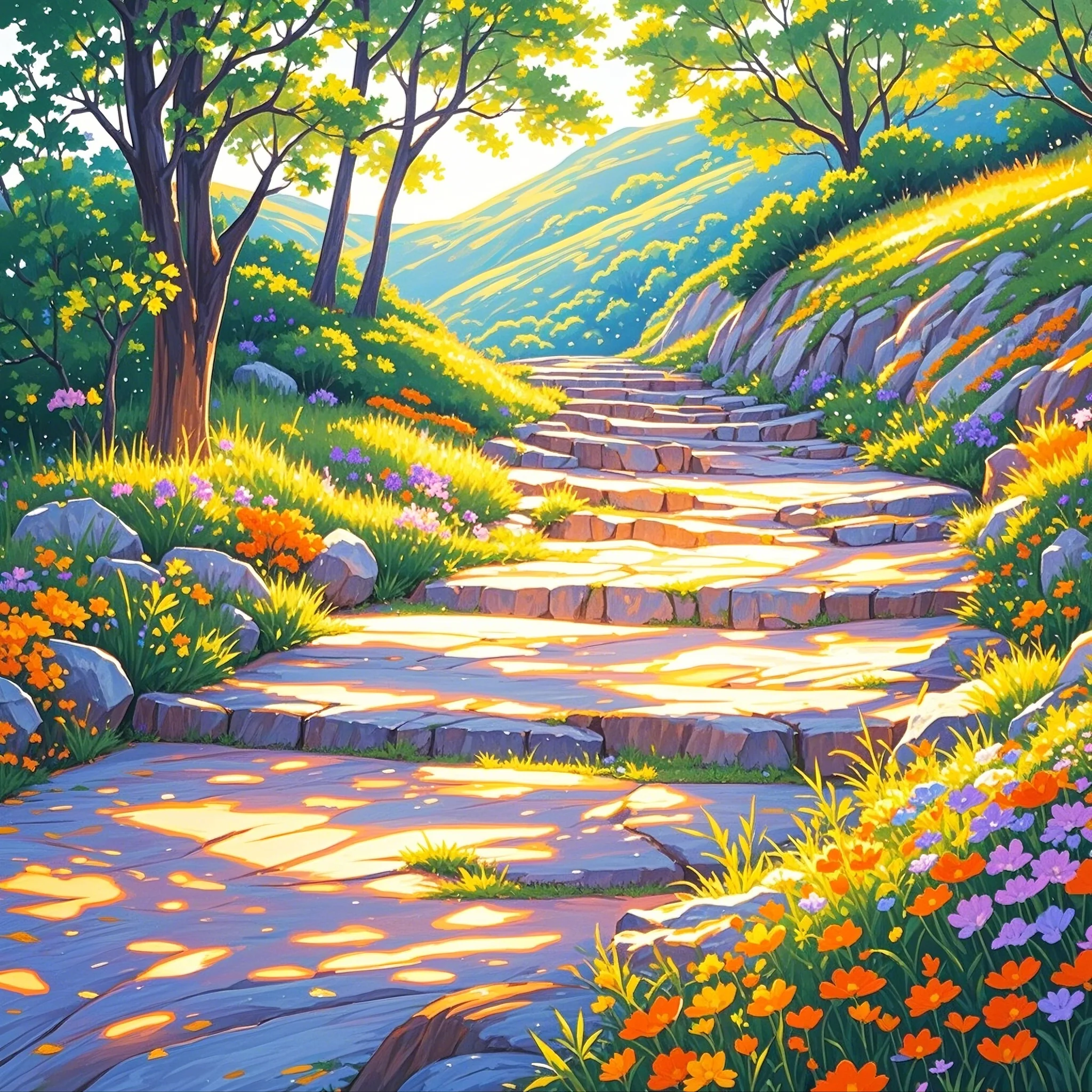 阳光斑驳,穿过树林,洒在崎岖的山路上