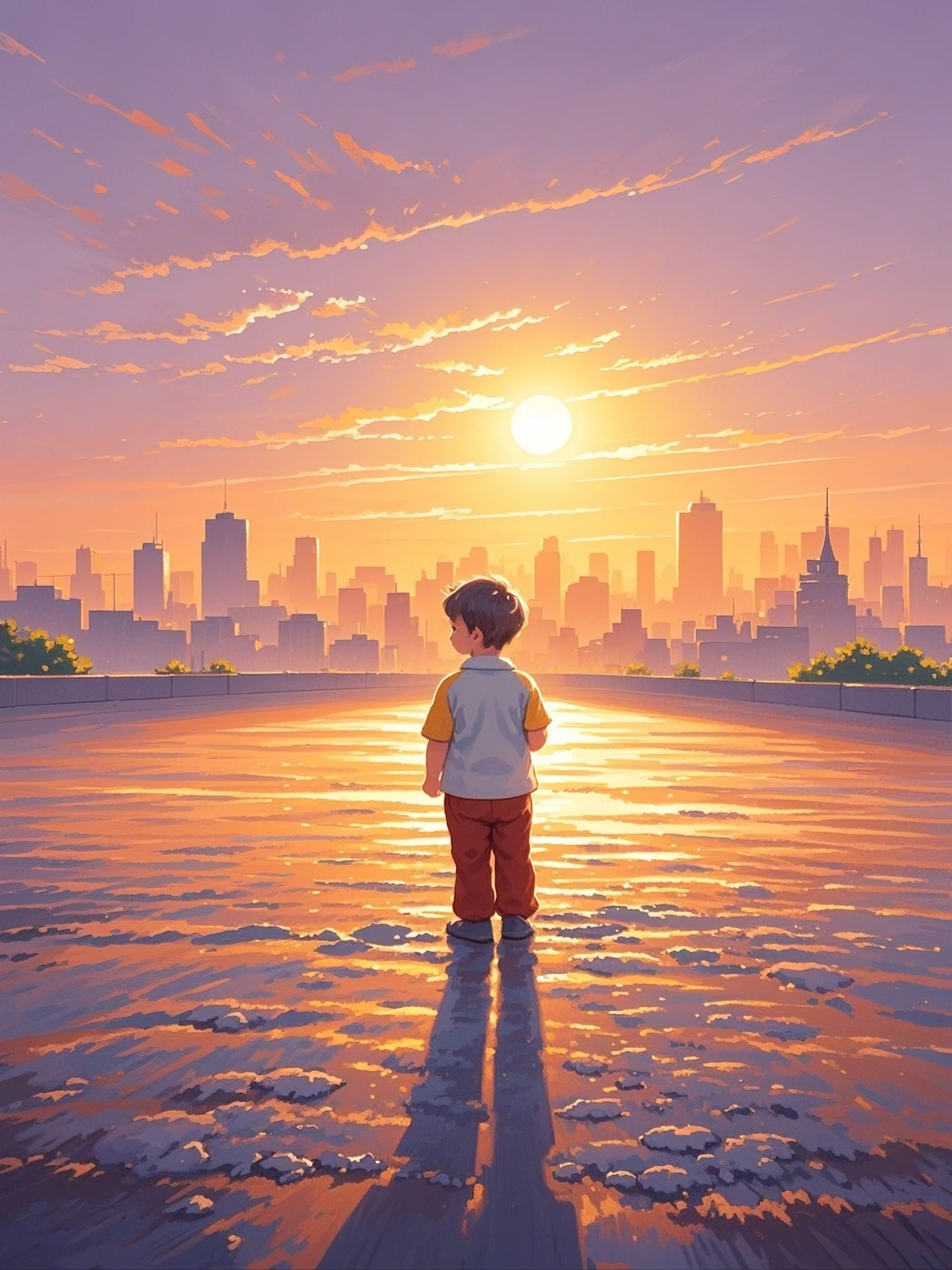 小孩子的背影,在落日的余晖中显得格外孤单