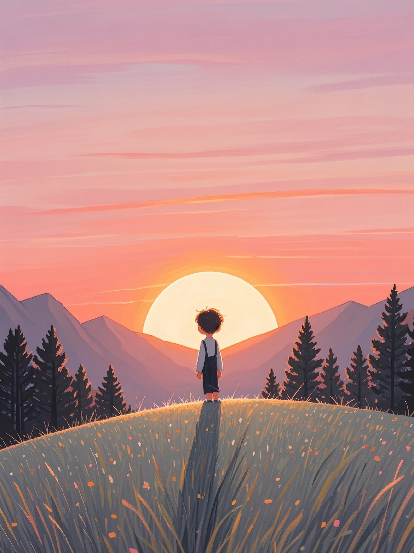 小孩子的背影,在落日的余晖中显得格外孤单