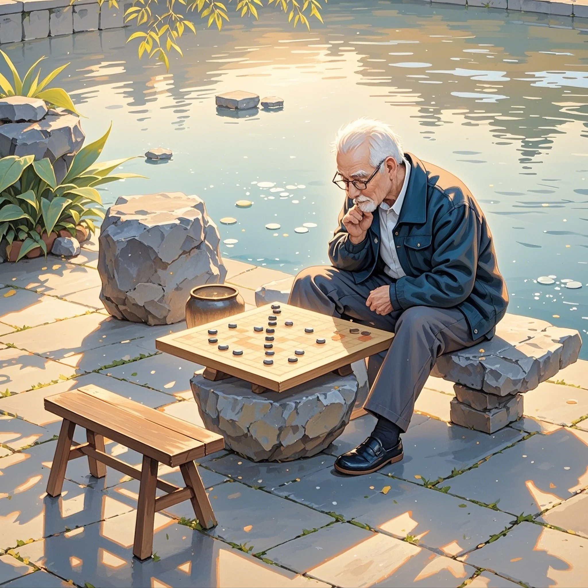 老人在池塘边悠闲地下着棋