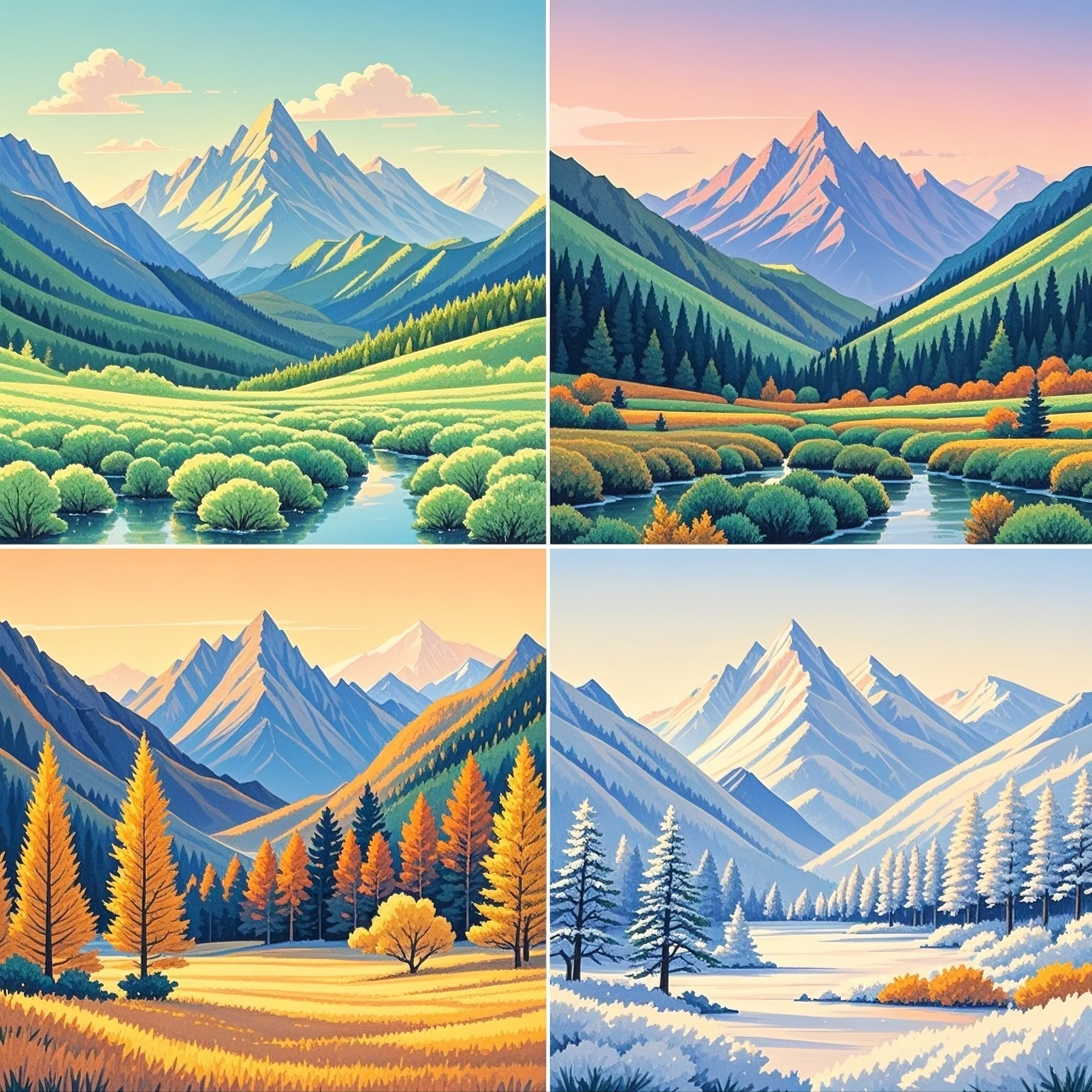 山川在四季的变换中展现出不同的色彩,春的嫩绿,夏的深翠,秋的金黄,冬