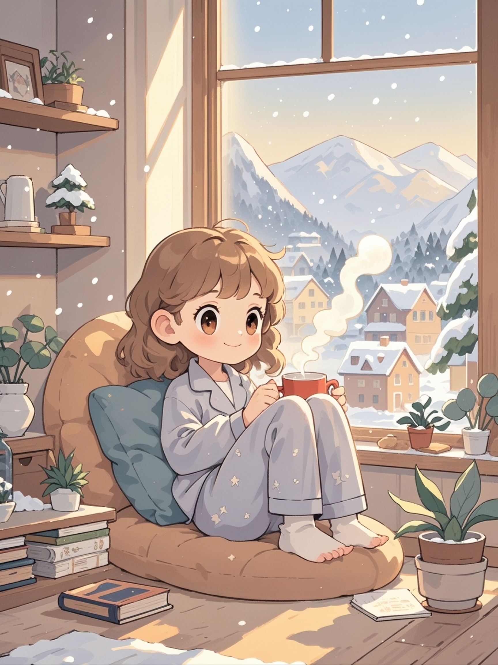 窗外雪花轻舞,女孩静坐在冬日晨光中,手捧一杯热咖啡,温暖如春