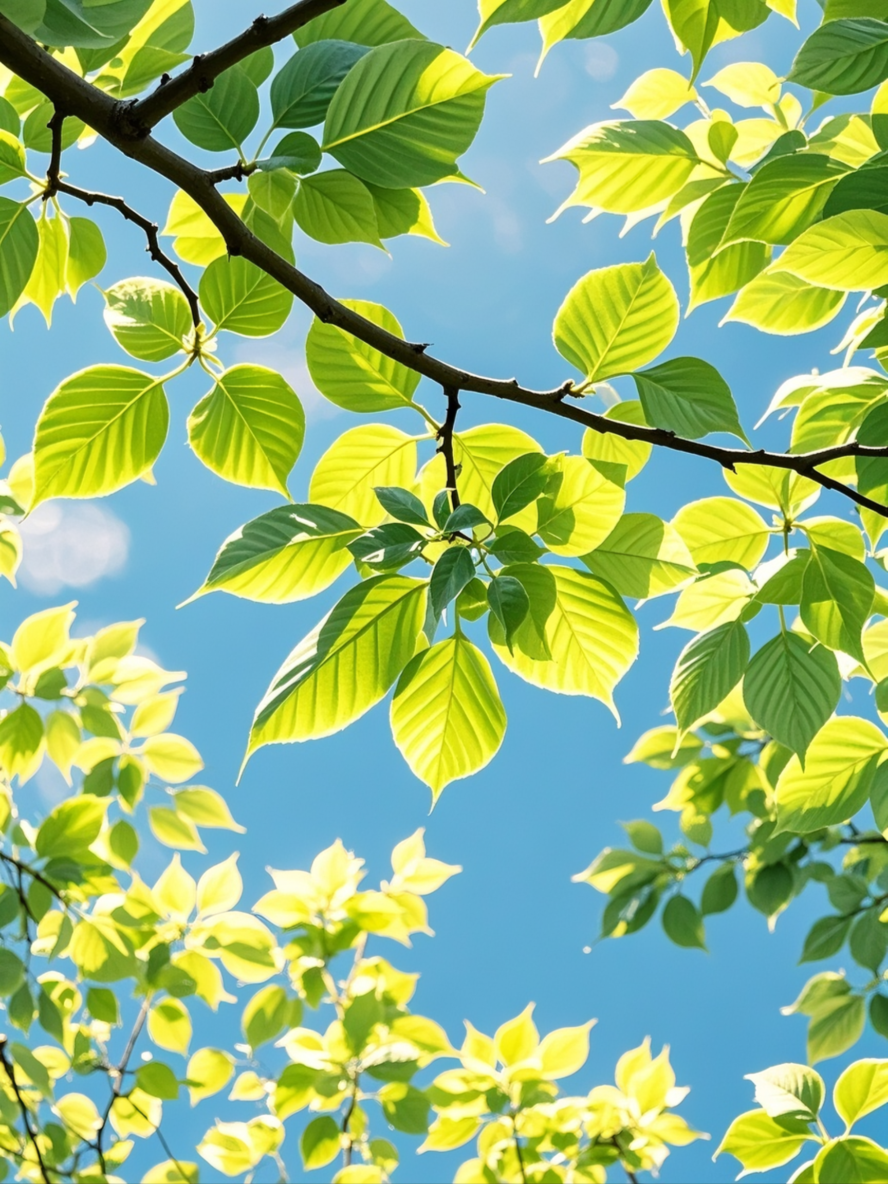 翠绿的树叶在阳光下闪闪发光,仿佛每一片叶子都在诉说着春天的故事