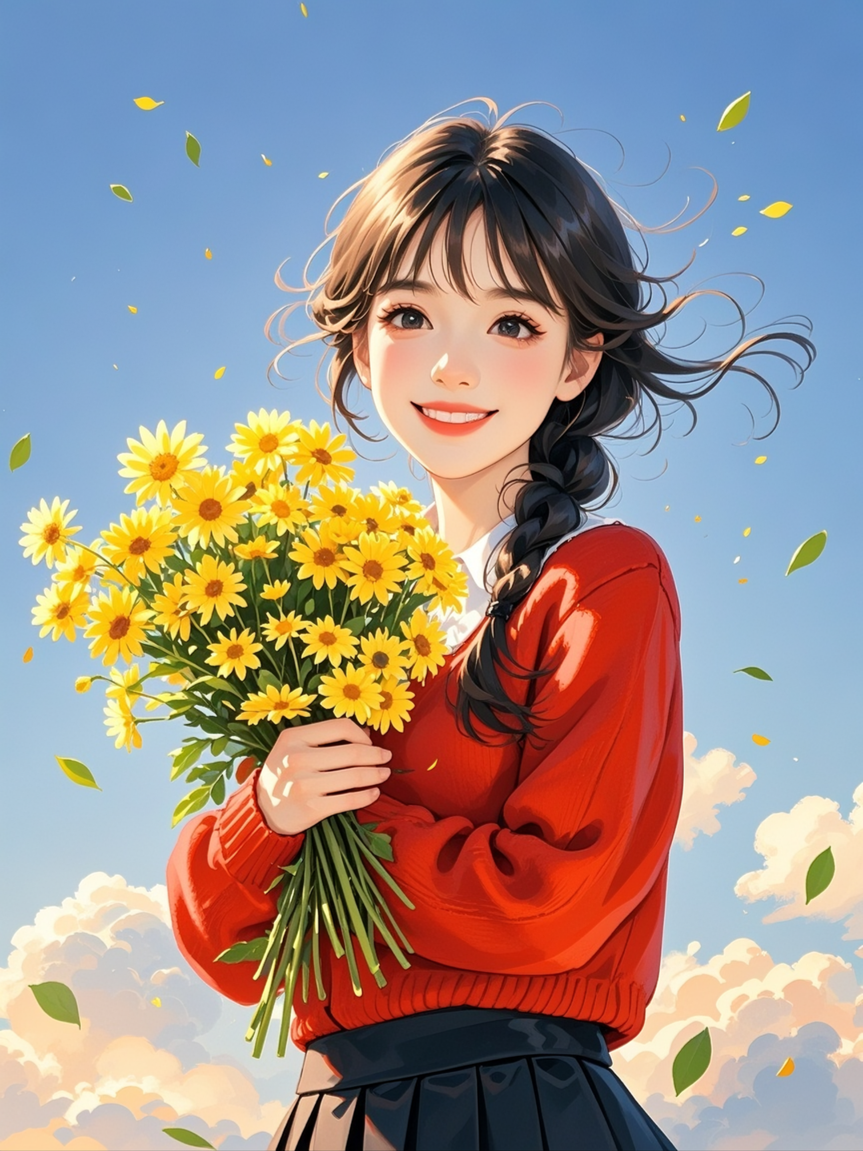 她手中捧着一束雏菊,温柔而明媚