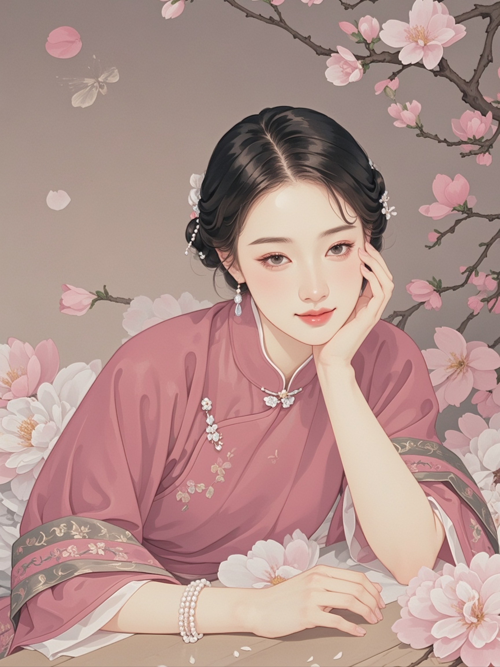 她手托着腮,眼波流转间流露出迷离的神采,身着深粉