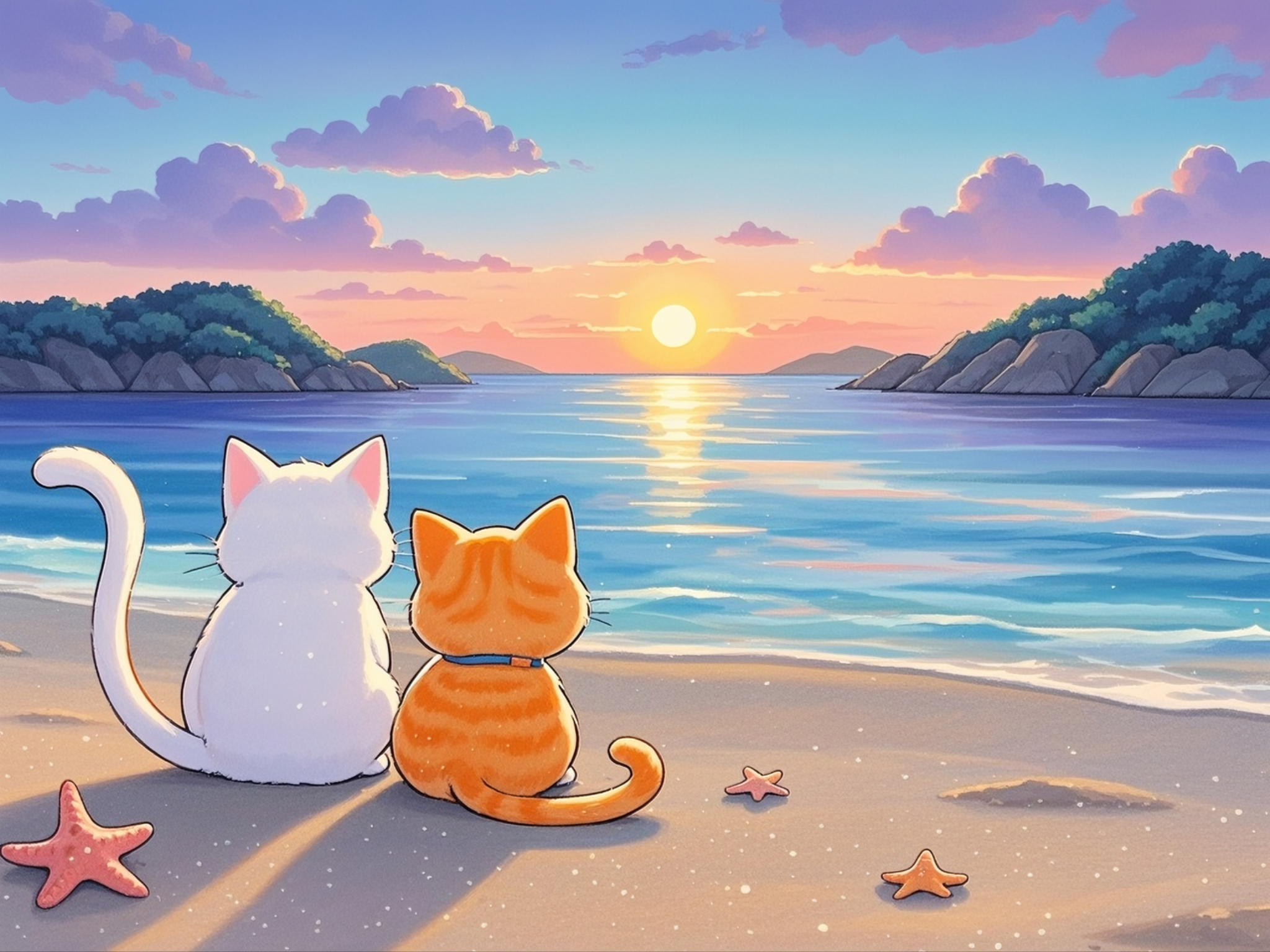 白猫和橘猫,静坐海边,共享朝阳初升的温柔