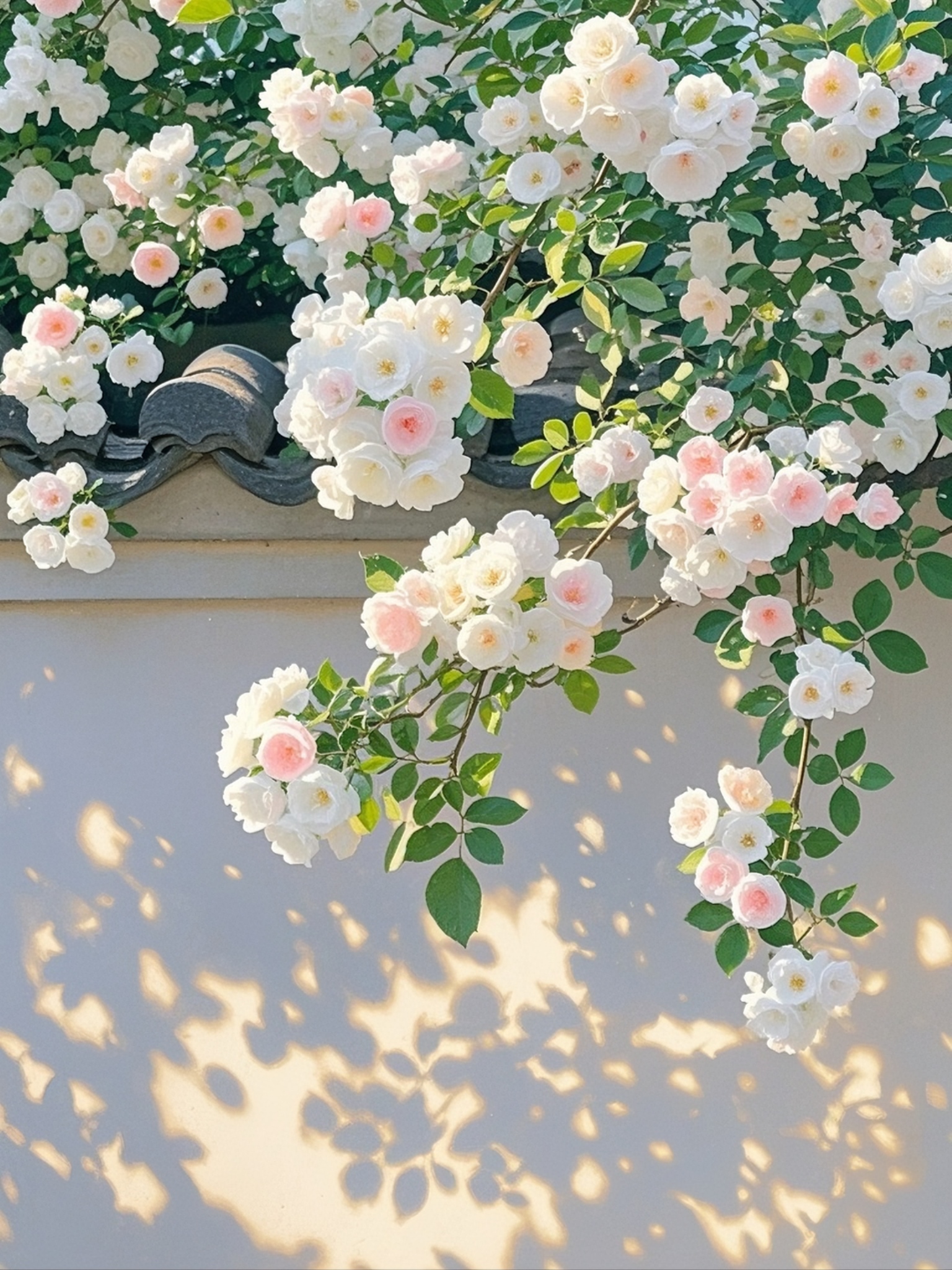 蔷薇在围墙边静静地开放,如同一幅静谧的田园画