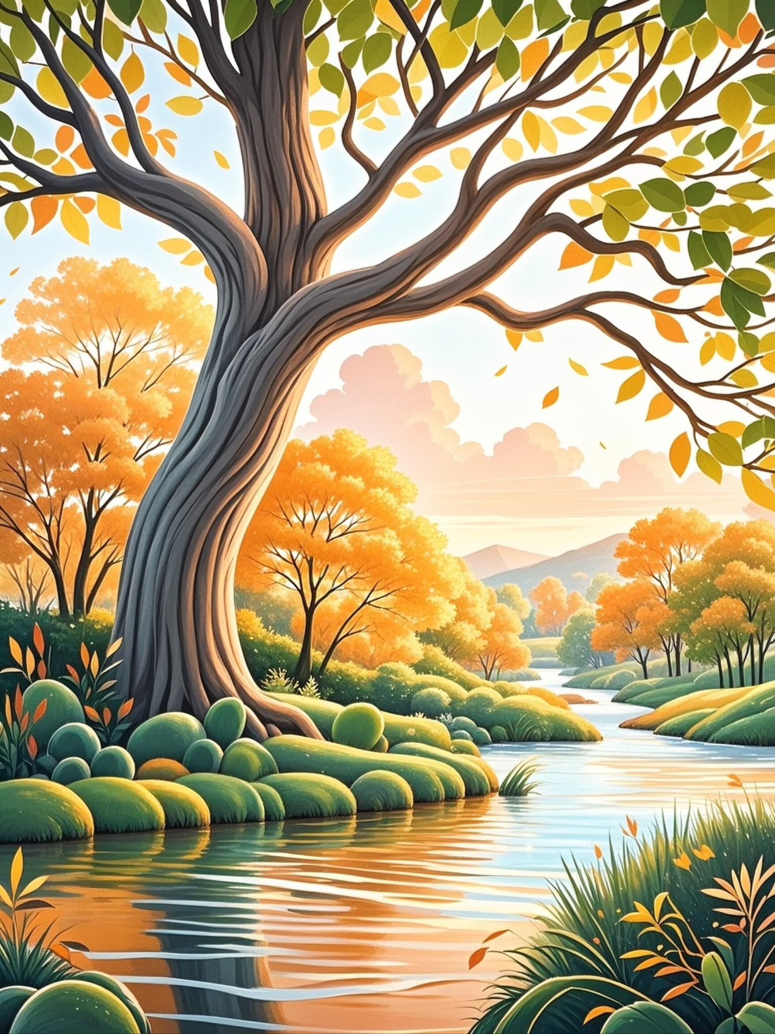 岸边的一棵大树,像一位沉默的守护者,静静地站在水边