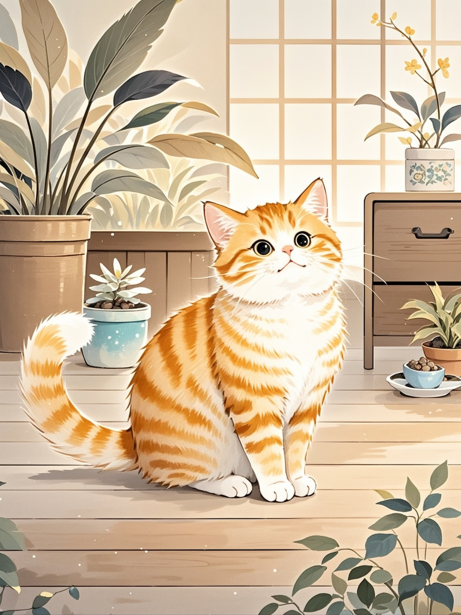 金渐层小猫咪,地板上坐,呆萌抬头,萌态十足