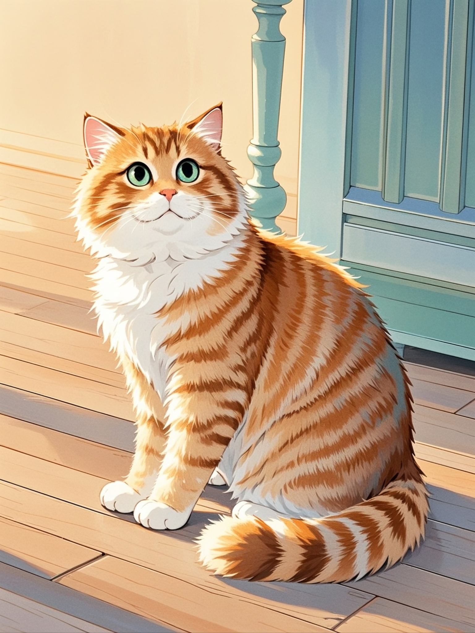 金渐层小猫咪,地板上坐,呆萌抬头,萌态十足