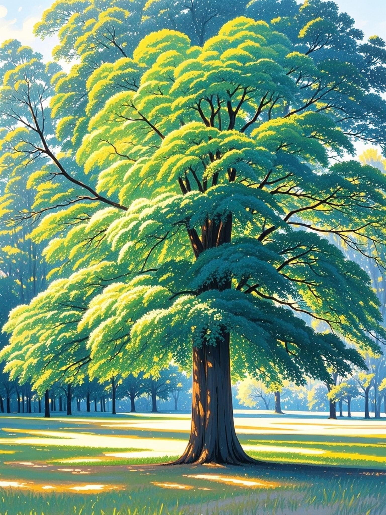 那棵大树,树冠茂密,如同华盖,绿意盎然