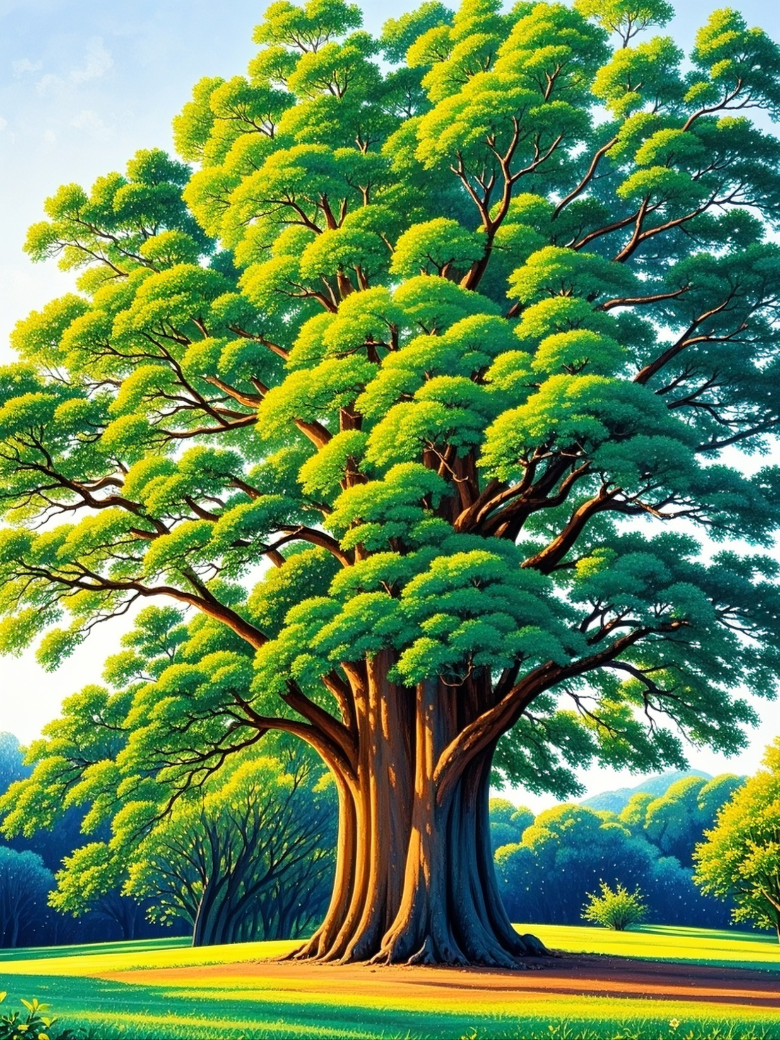 那棵大树,树冠茂密,如同华盖,绿意盎然