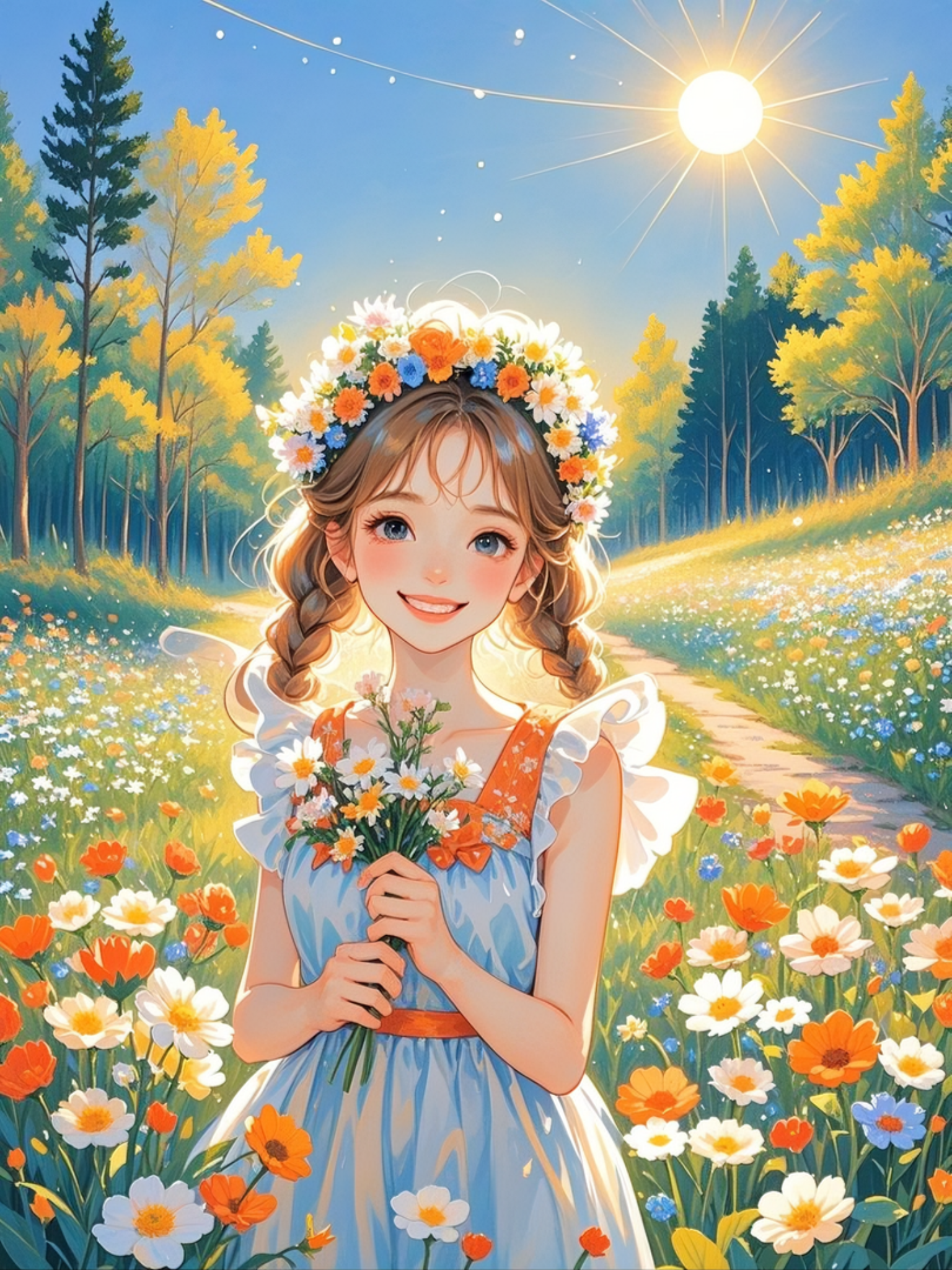 环绕在她的发间,她的笑容如同阳光般明媚,仿佛是从大自然中走出的精灵