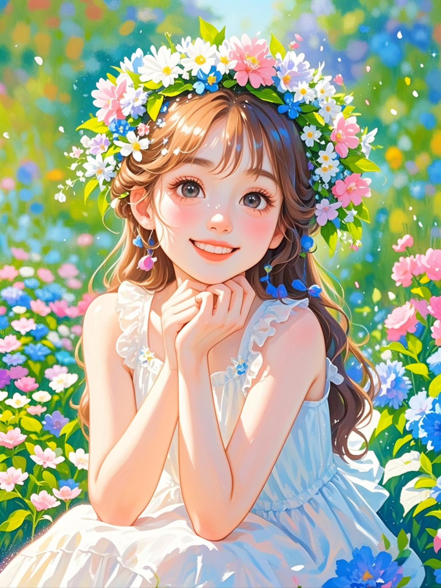 女孩头戴花环,花香轻盈地环绕在她的发间,她的笑容如同阳光般明媚