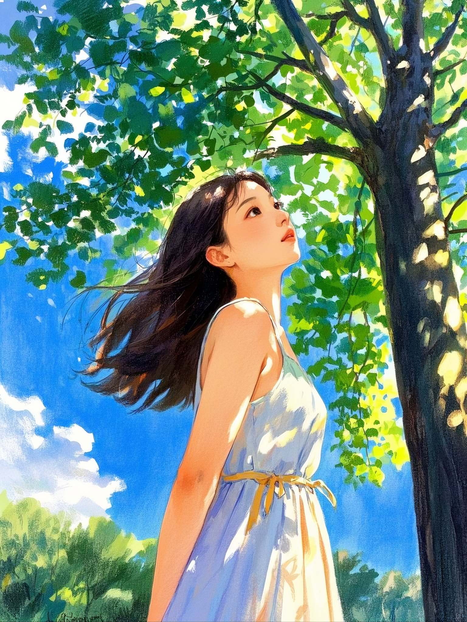 少女站在大树下,阳光透过树叶的缝隙,在她脸上洒下斑驳光影,她微微