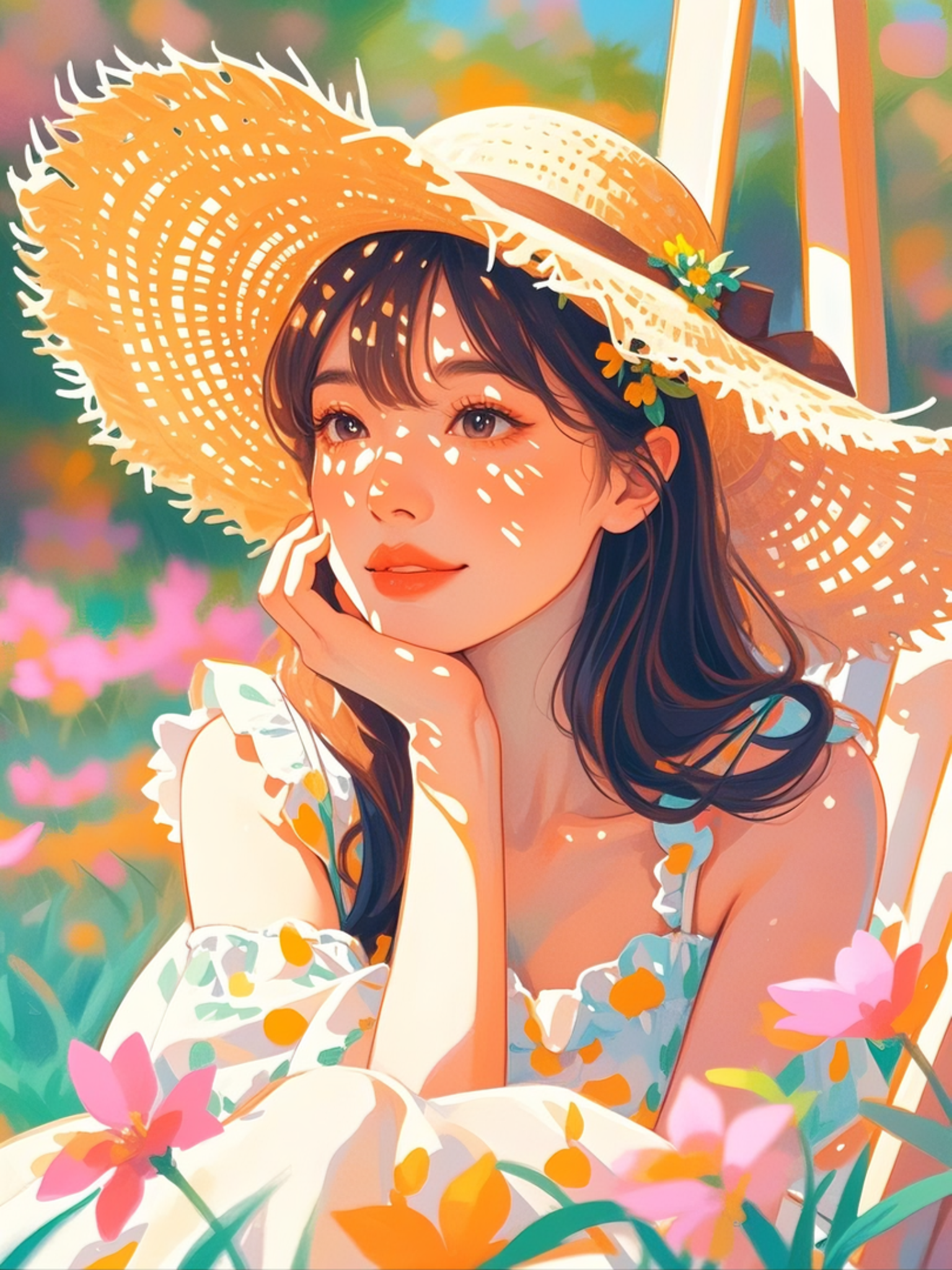 一位美女戴着草帽,坐在阳光下,草帽的阴影投在她的脸上,使她的轮廓