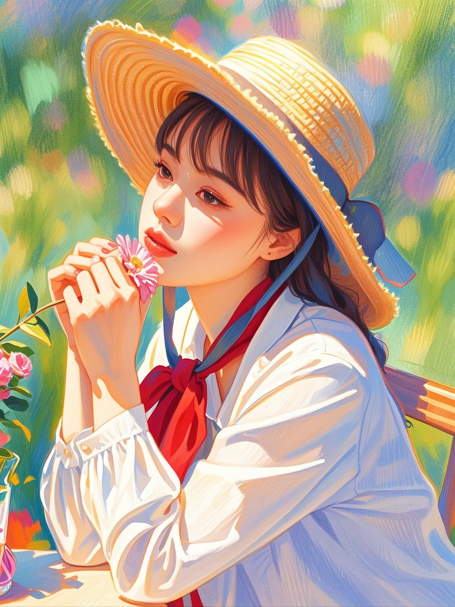 一位美女戴着草帽,坐在阳光下,草帽的阴影投在她的脸上,使她的轮廓