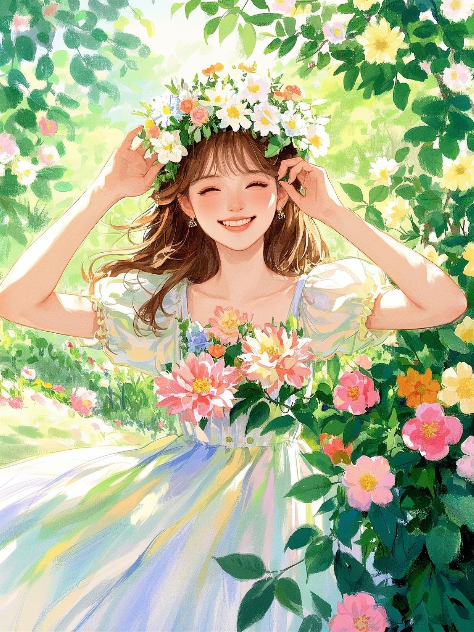 女孩头戴花环,笑容灿烂,仿佛春日里绽放的花朵,散发着青春的活力与