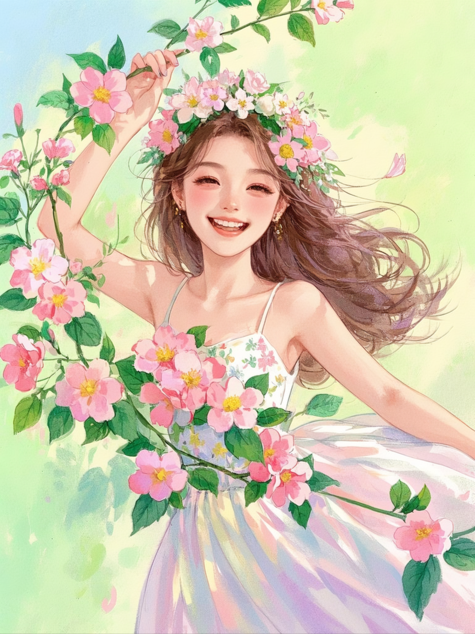 女孩头戴花环,笑容灿烂,仿佛春日里绽放的花朵,散发着青春的活力与