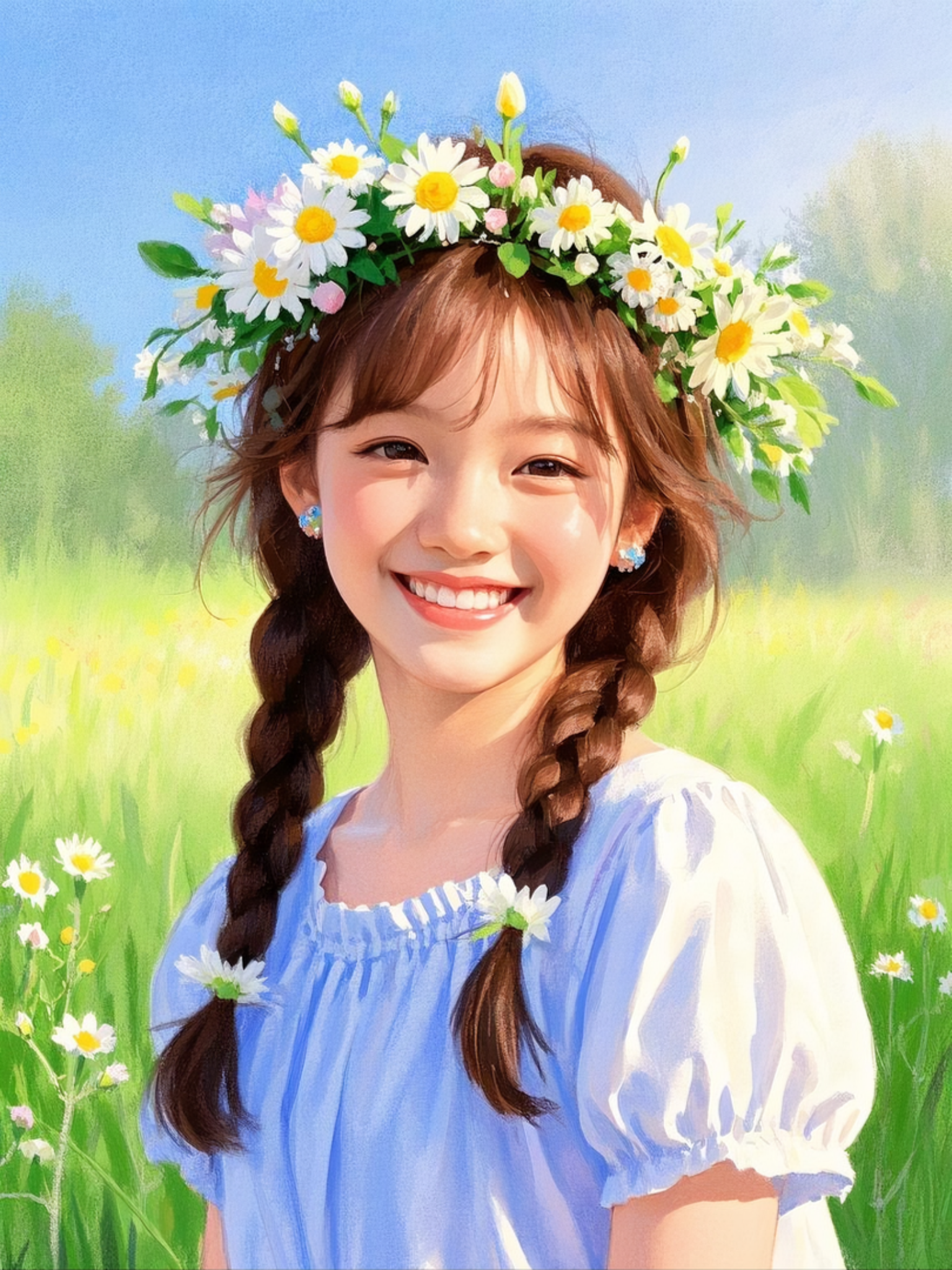 女孩头戴花环,笑容灿烂,仿佛春日里绽放的花朵,散发着青春的活力与