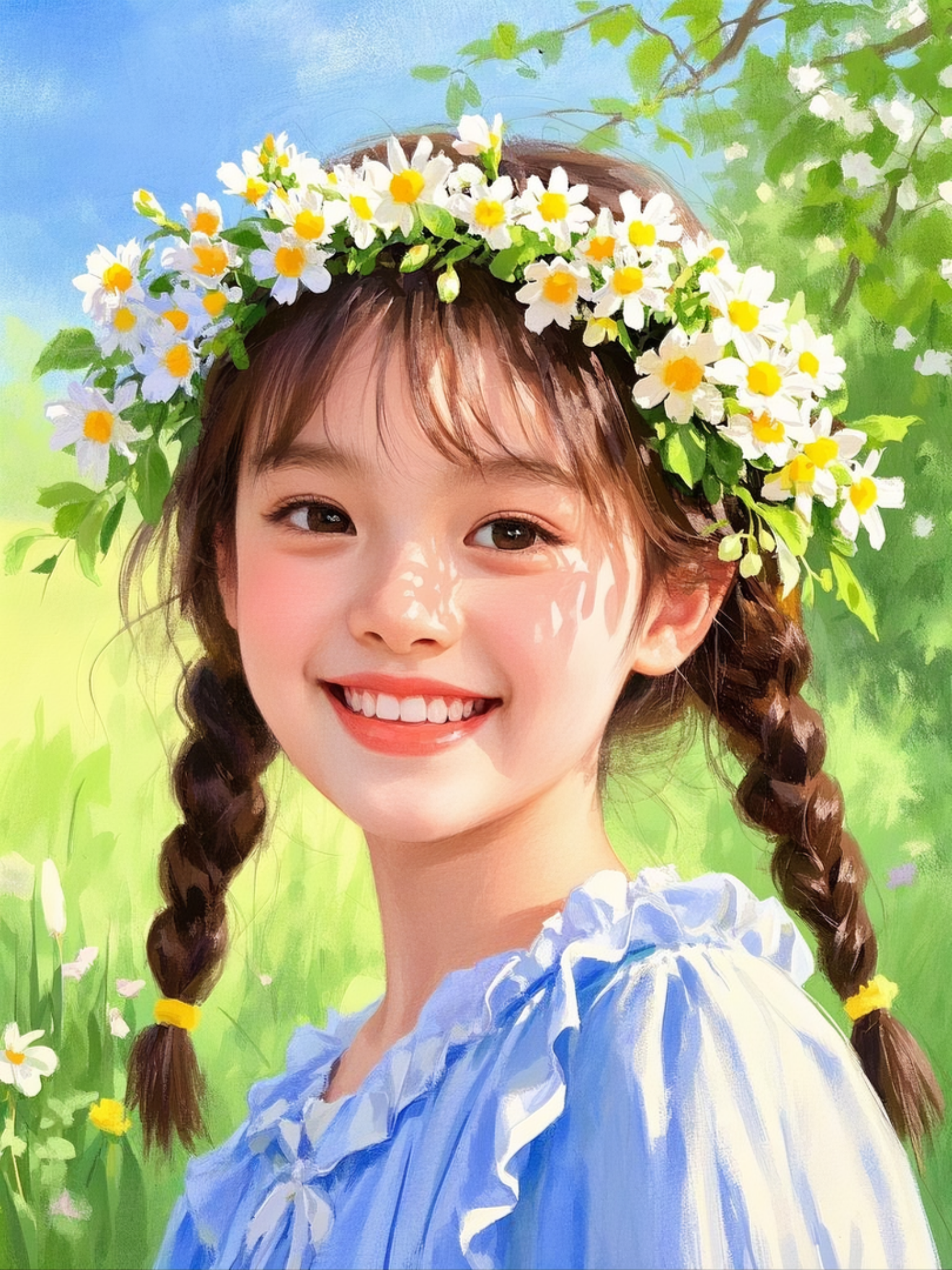 女孩头戴花环,笑容灿烂,仿佛春日里绽放的花朵,散发着青春的活力与